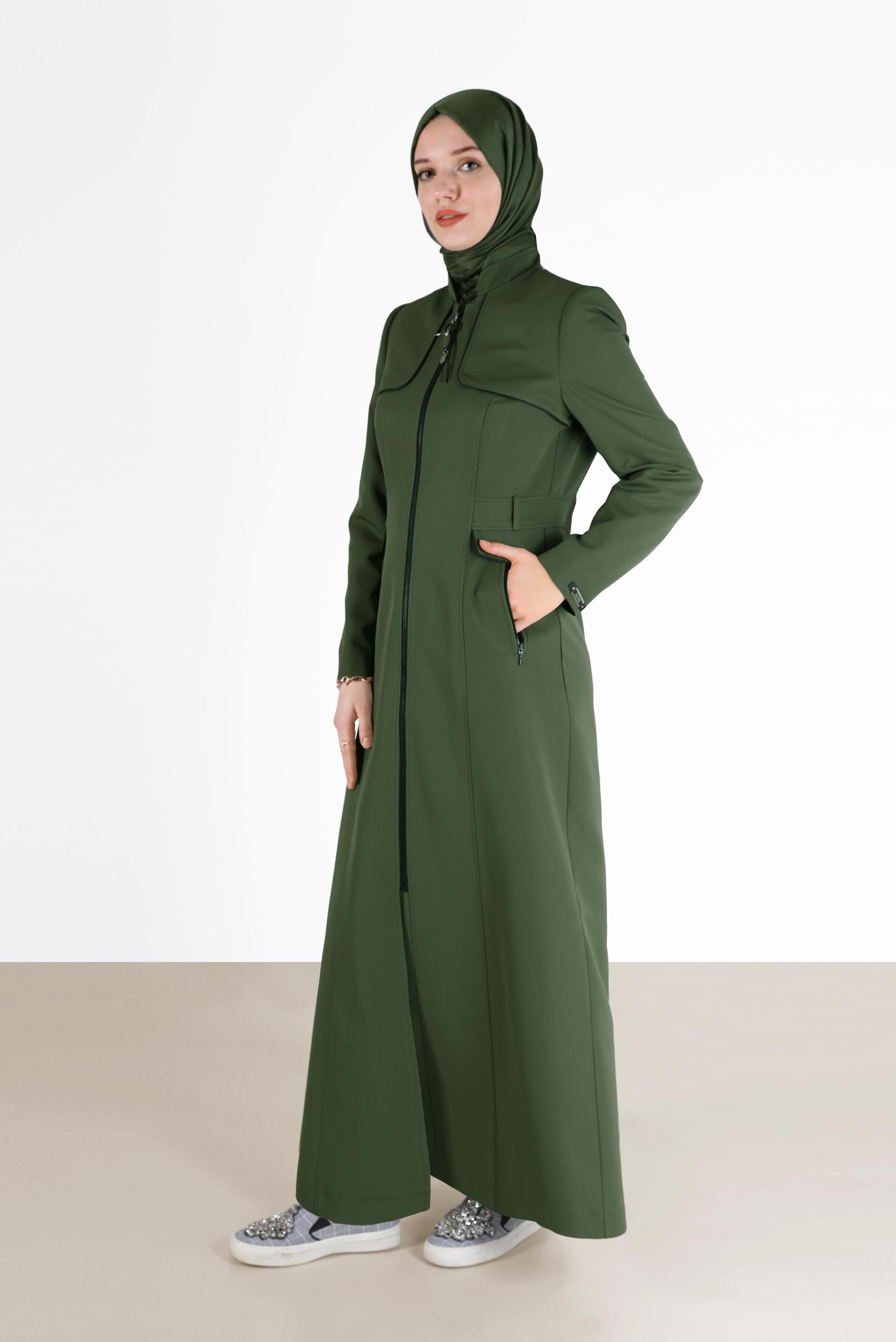 Tesettür giyim HAKİ CEP DETAYLI FERMUARLI PARDESÜ 10476 