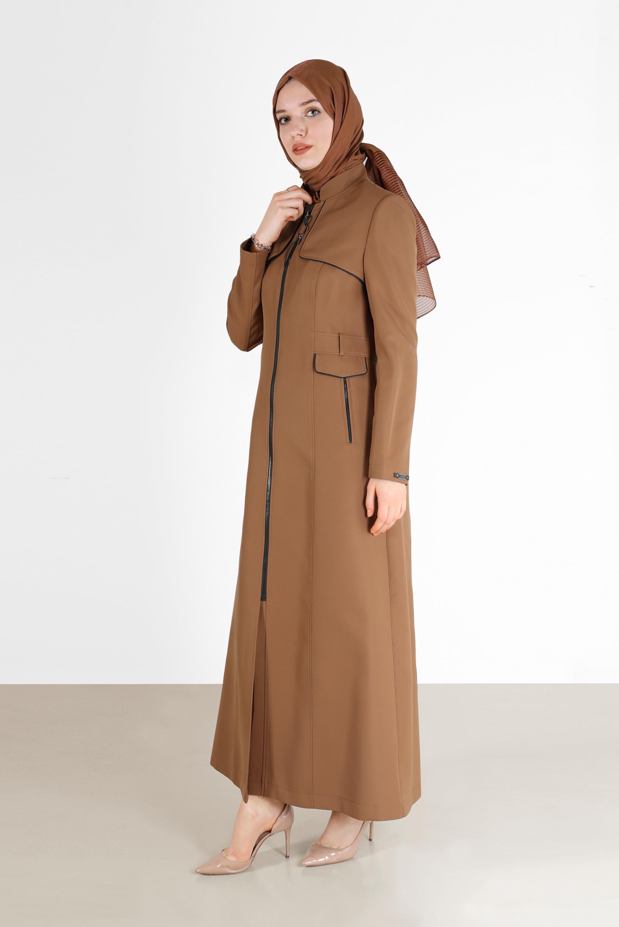 Tesettür giyim TABA CEP DETAYLI FERMUARLI PARDESÜ 10476 