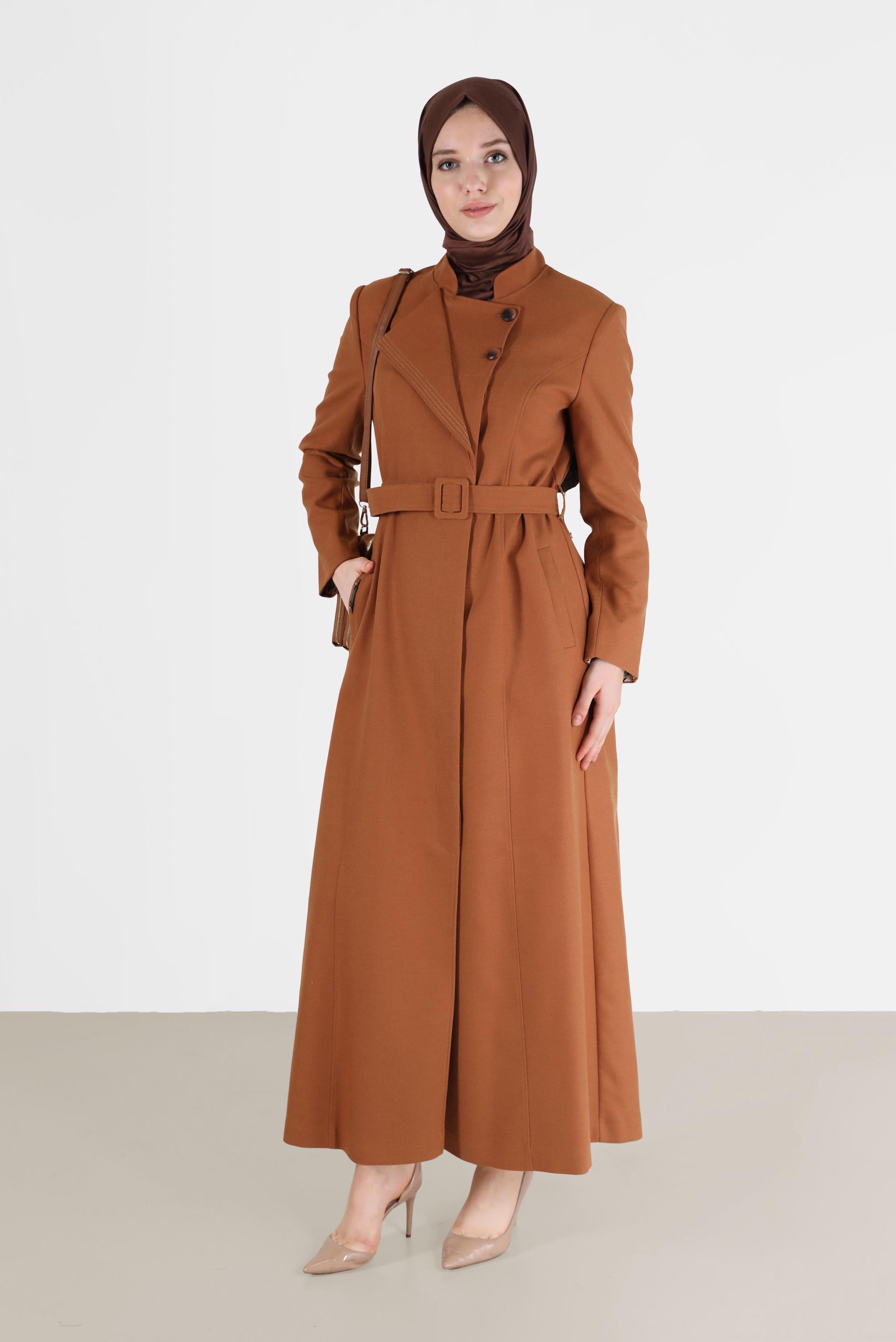 Tesettür giyim SARI YAKA DETAYLI KUŞAKLI PARDESÜ 10478 