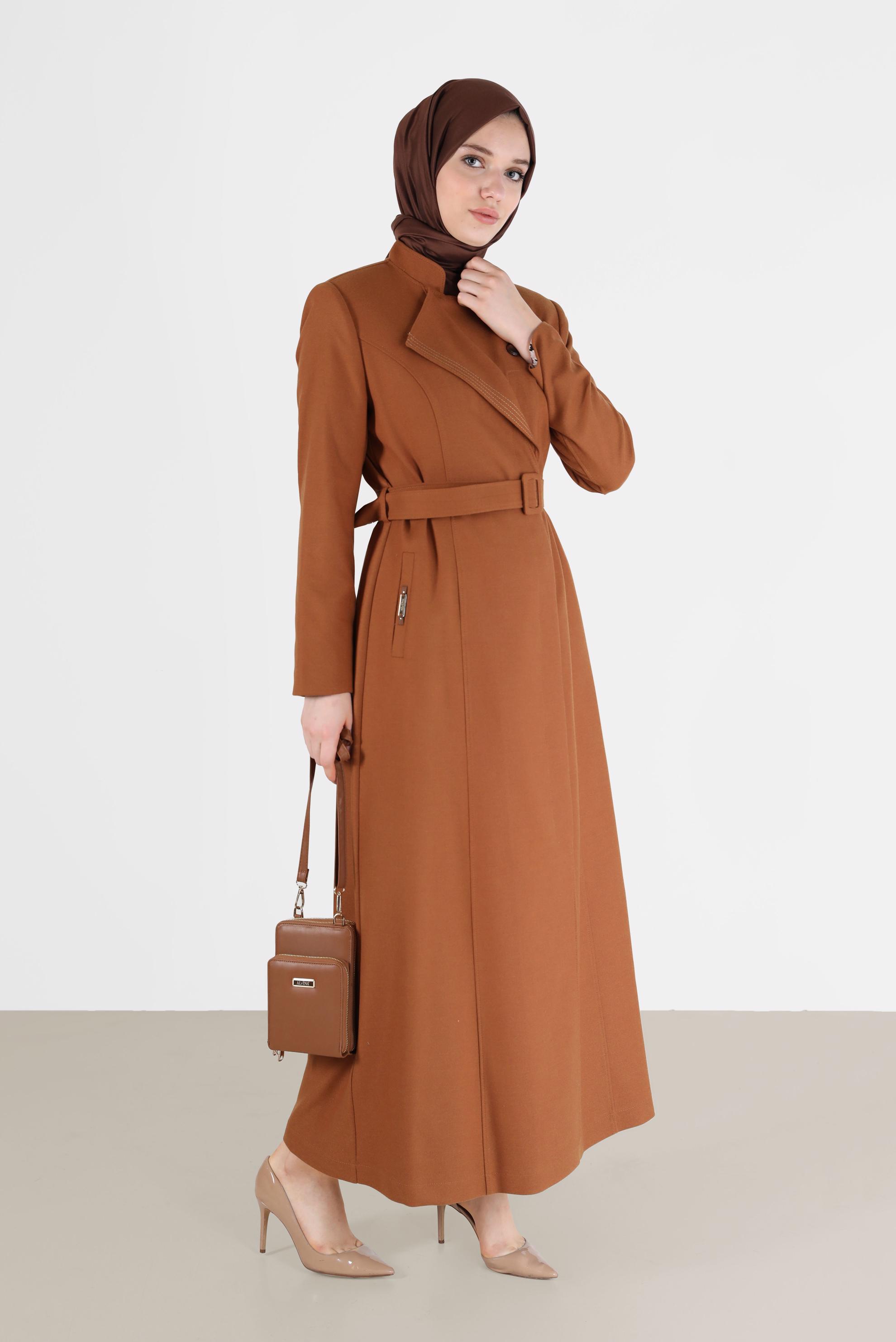 Tesettür giyim SARI YAKA DETAYLI KUŞAKLI PARDESÜ 10478 