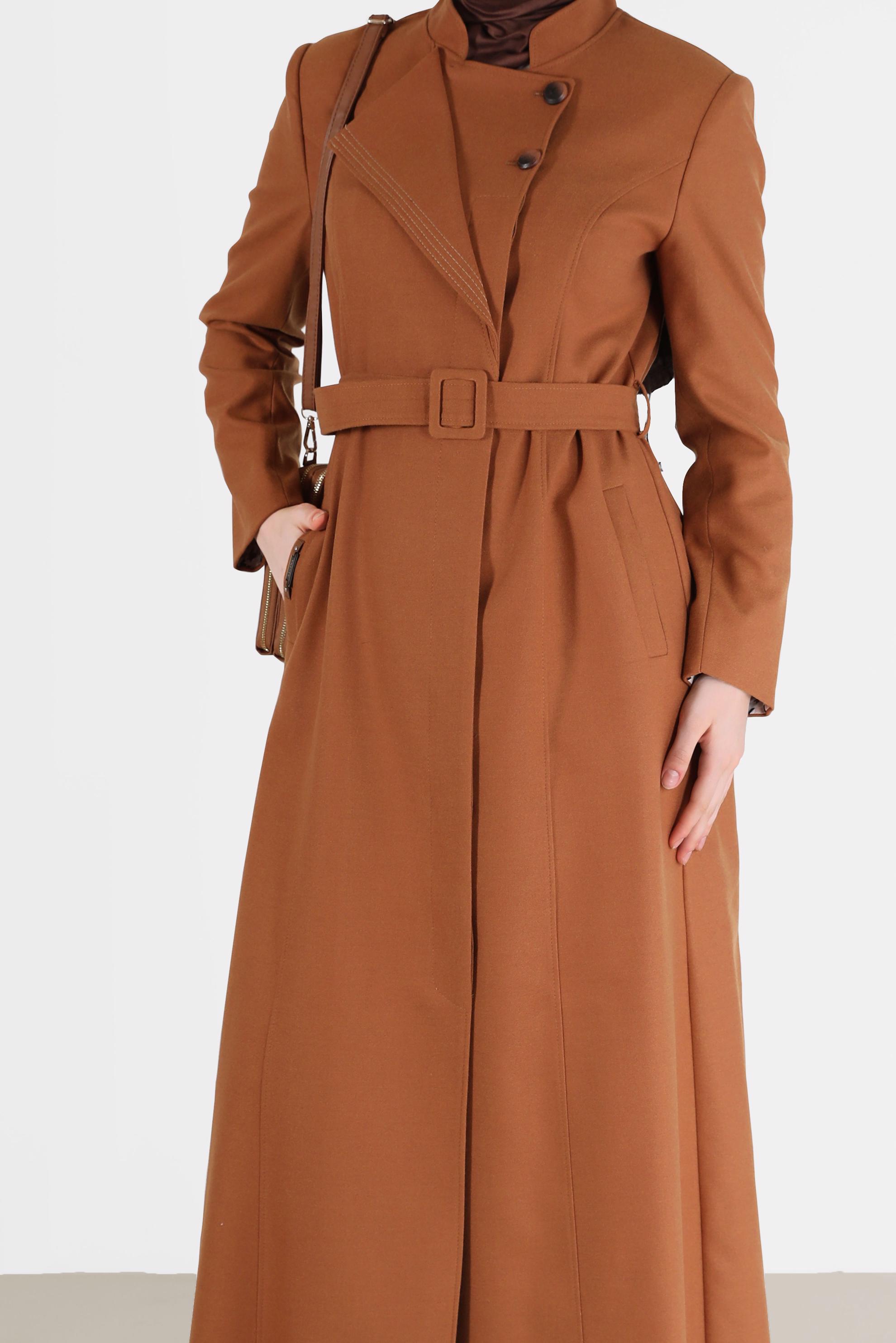 Tesettür giyim SARI YAKA DETAYLI KUŞAKLI PARDESÜ 10478 