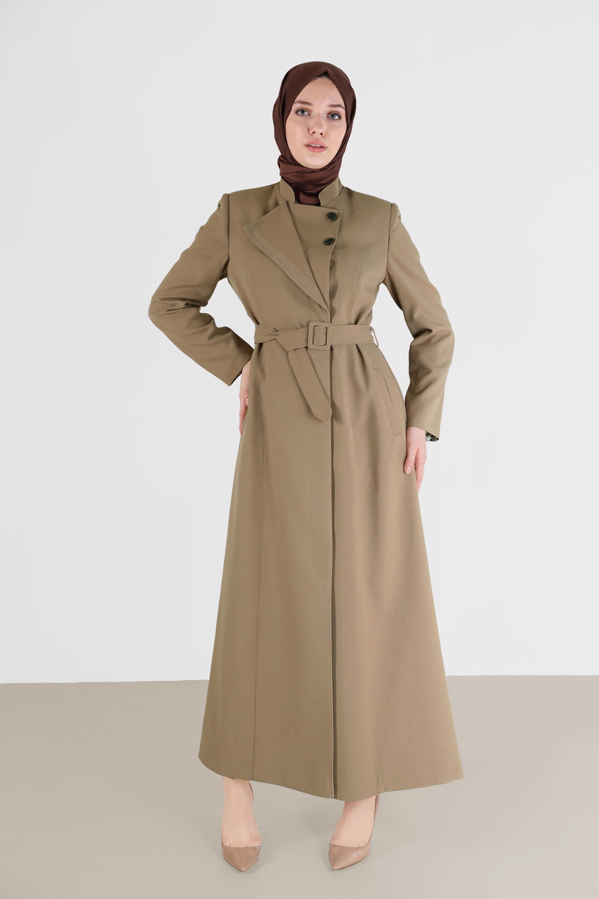 Tesettür giyim KAHVE YAKA DETAYLI KUŞAKLI PARDESÜ 10478 