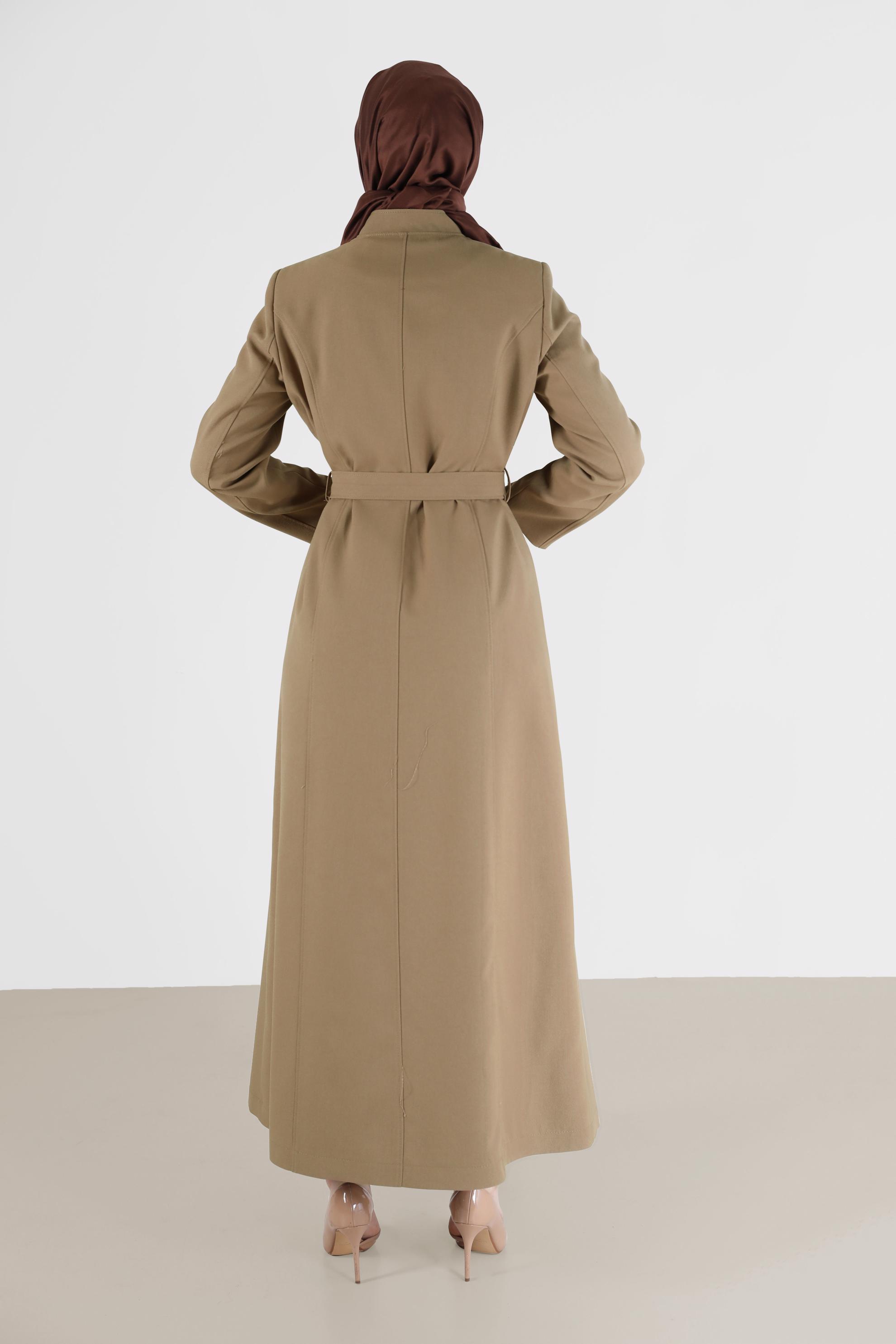 Tesettür giyim KAHVE YAKA DETAYLI KUŞAKLI PARDESÜ 10478 