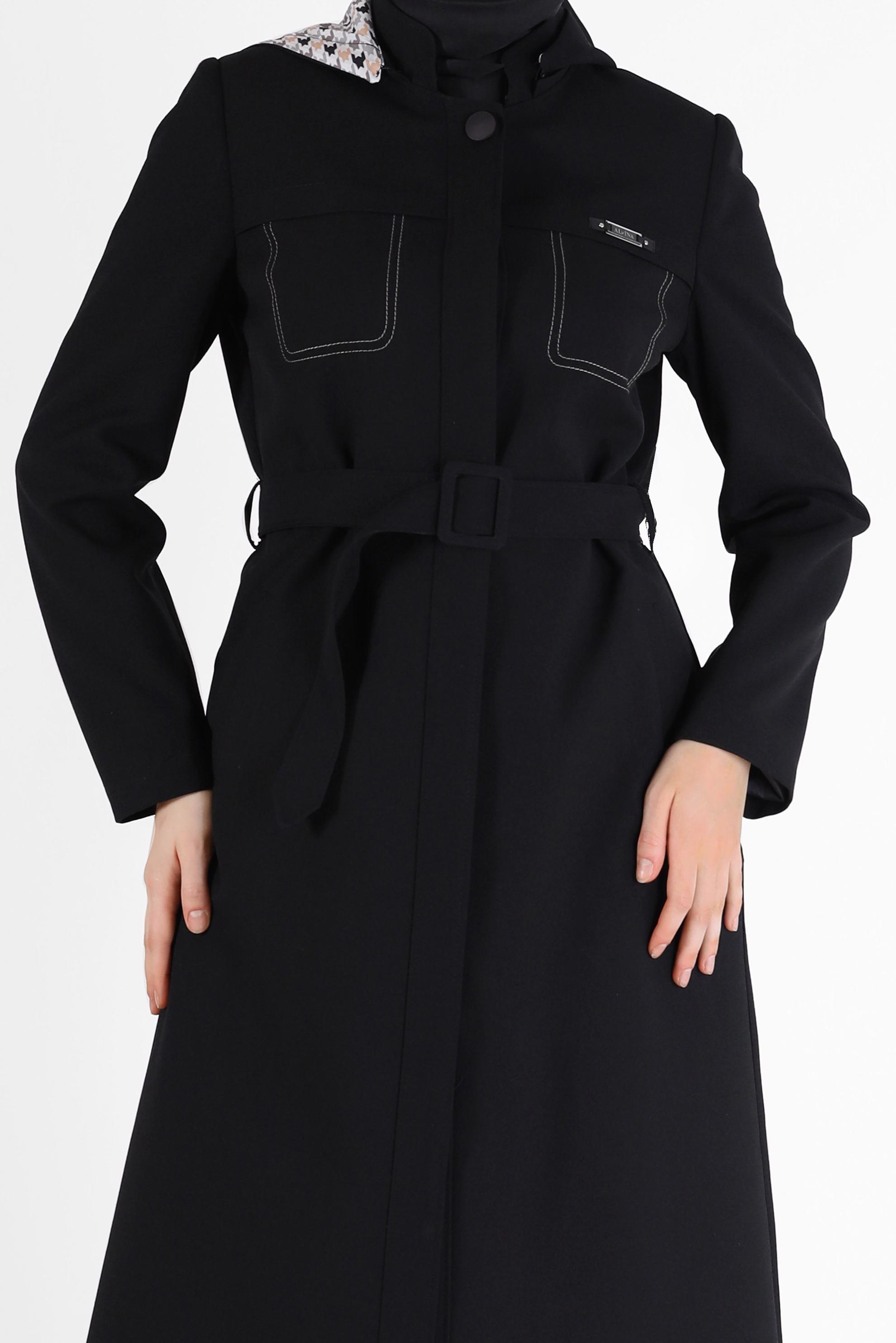 Tesettür giyim SİYAH KAPÜŞONU KAZAYAĞI DESENLİ KUŞAKLI PARDESÜ 10479	