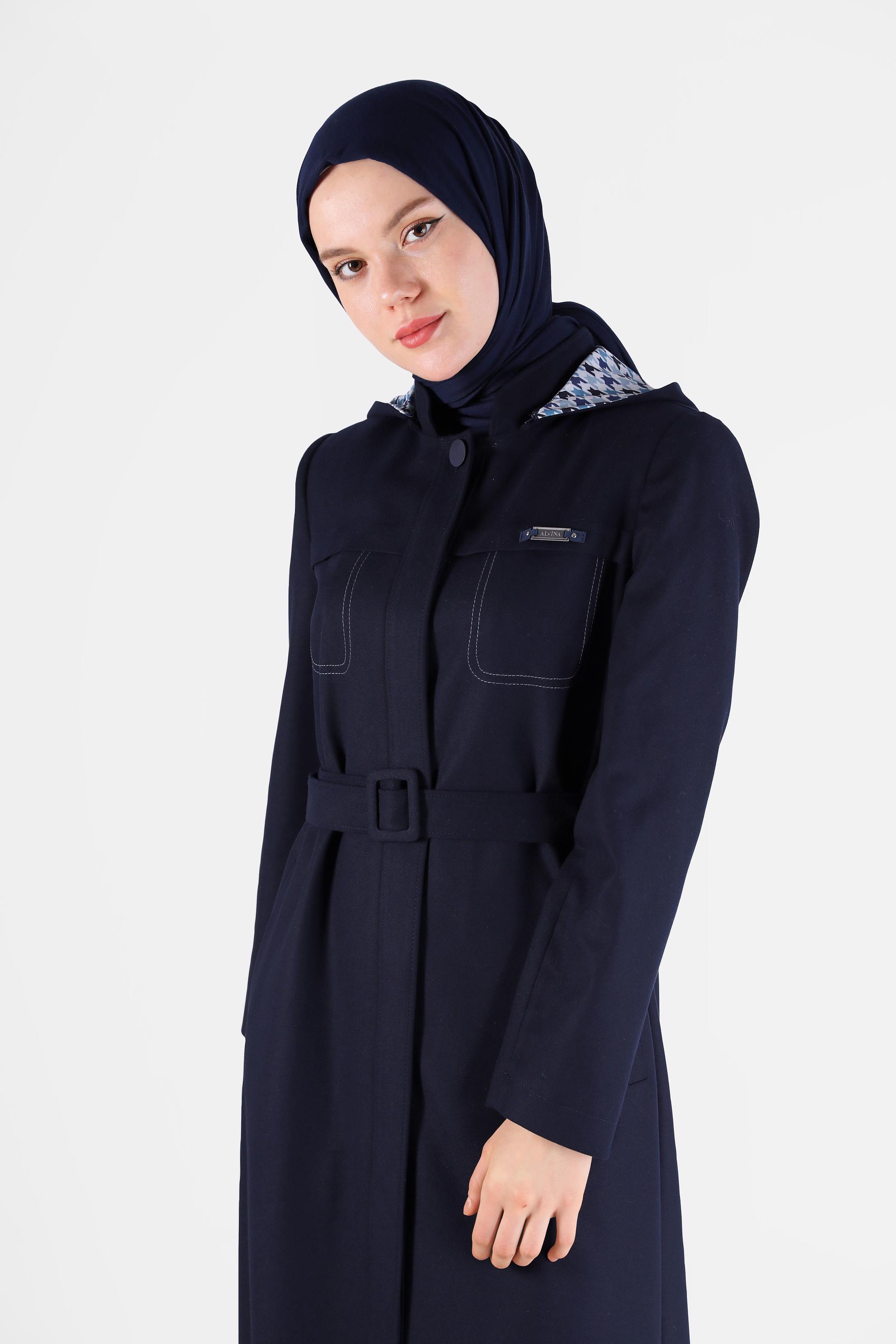 Hijab clothing NAVY BLUE HOUNDSTOOTH TEXTURED HOODED BELTED TOPCOAT 10479	