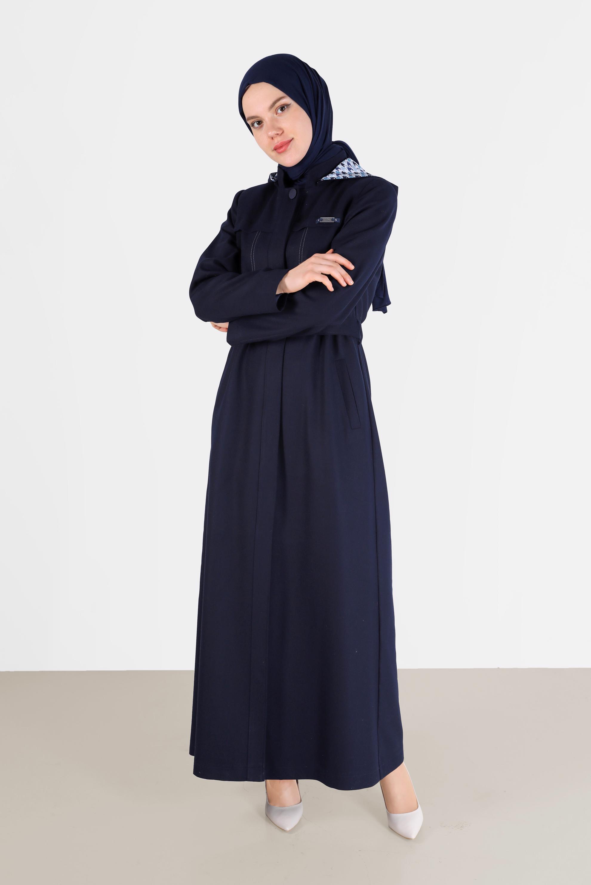 Hijab clothing NAVY BLUE HOUNDSTOOTH TEXTURED HOODED BELTED TOPCOAT 10479	