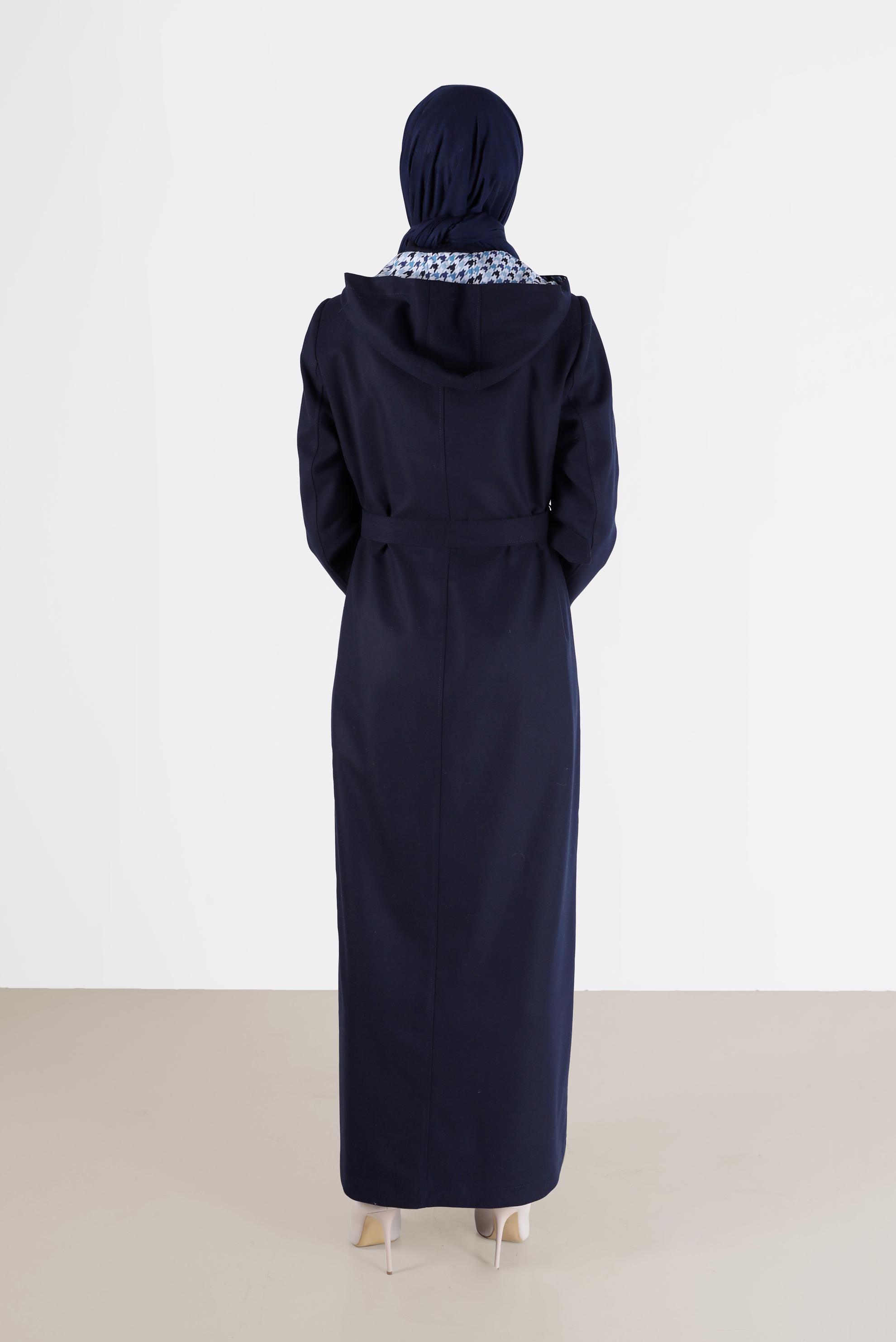 Hijab clothing NAVY BLUE HOUNDSTOOTH TEXTURED HOODED BELTED TOPCOAT 10479	