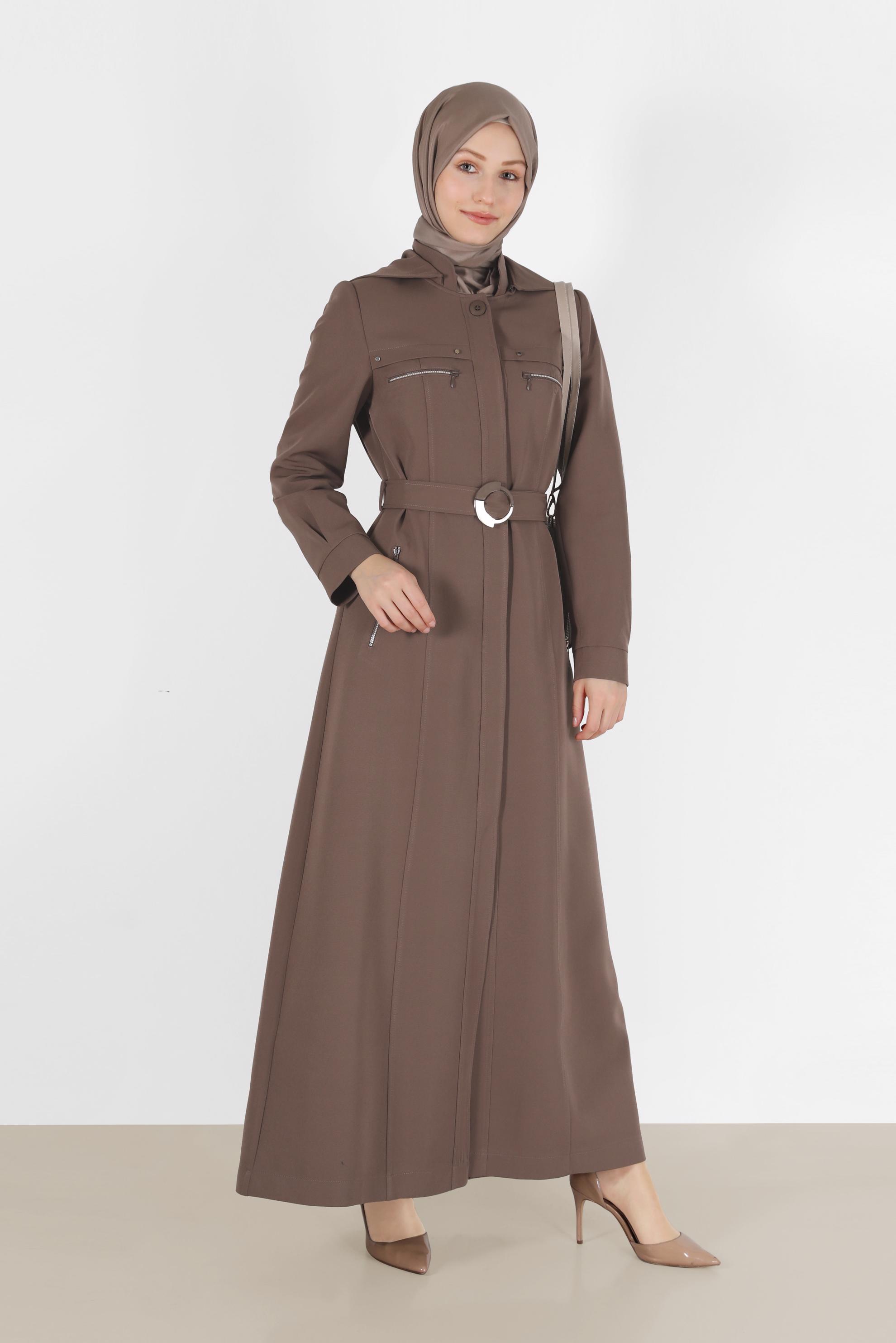 Tesettür giyim VİZON KUŞAKLI KAPÜŞONLU FERMUAR DETAYLI PARDESÜ 10481 