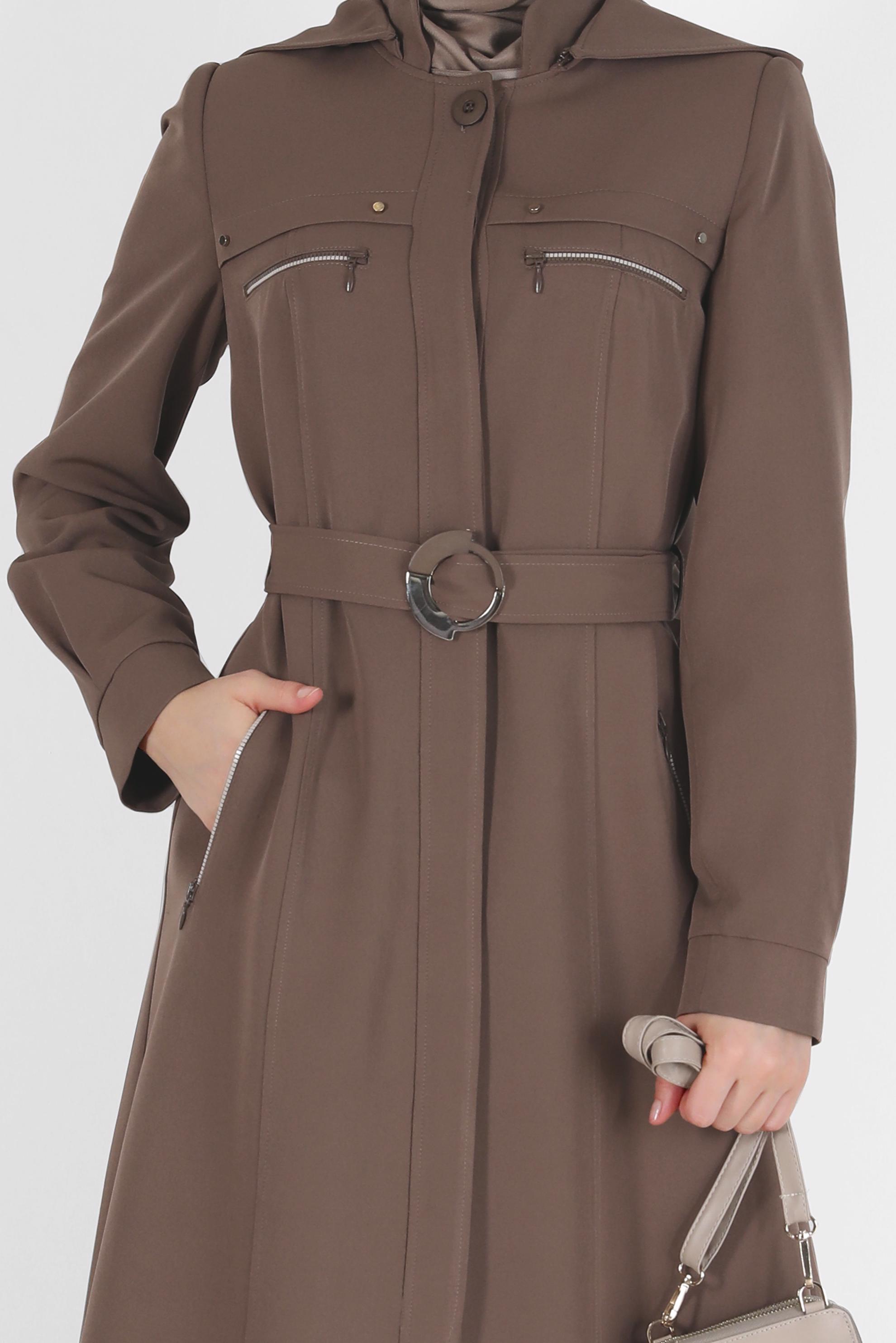 Tesettür giyim VİZON KUŞAKLI KAPÜŞONLU FERMUAR DETAYLI PARDESÜ 10481 