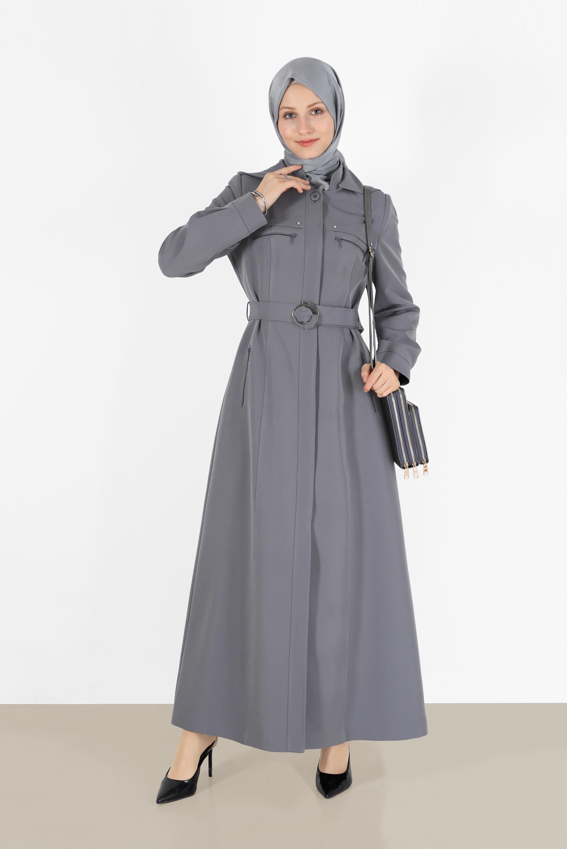 Tesettür giyim GRİ KUŞAKLI KAPÜŞONLU FERMUAR DETAYLI PARDESÜ 10481 
