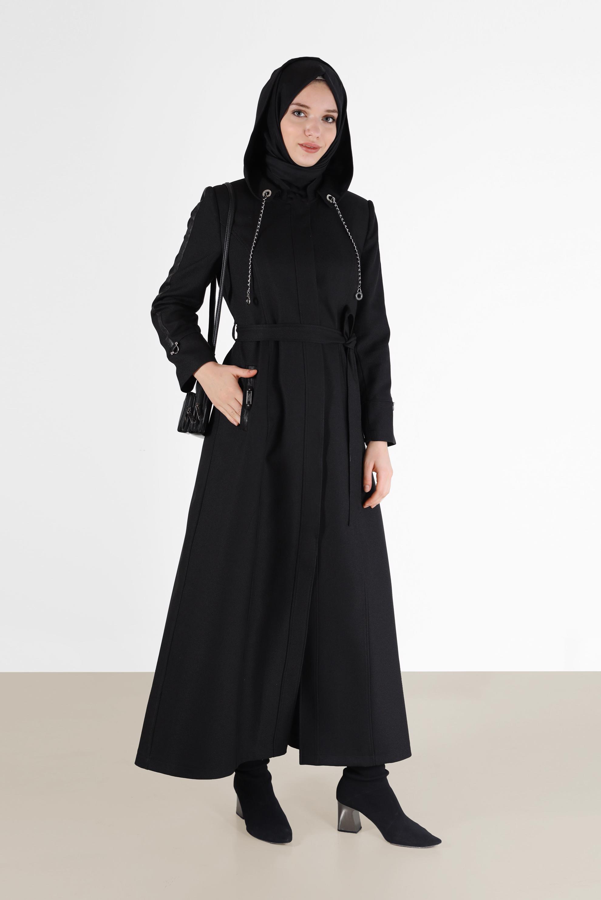 Tesettür giyim SİYAH BAĞCIK DETAYLI KAPÜŞONLU PARDESÜ 10482 