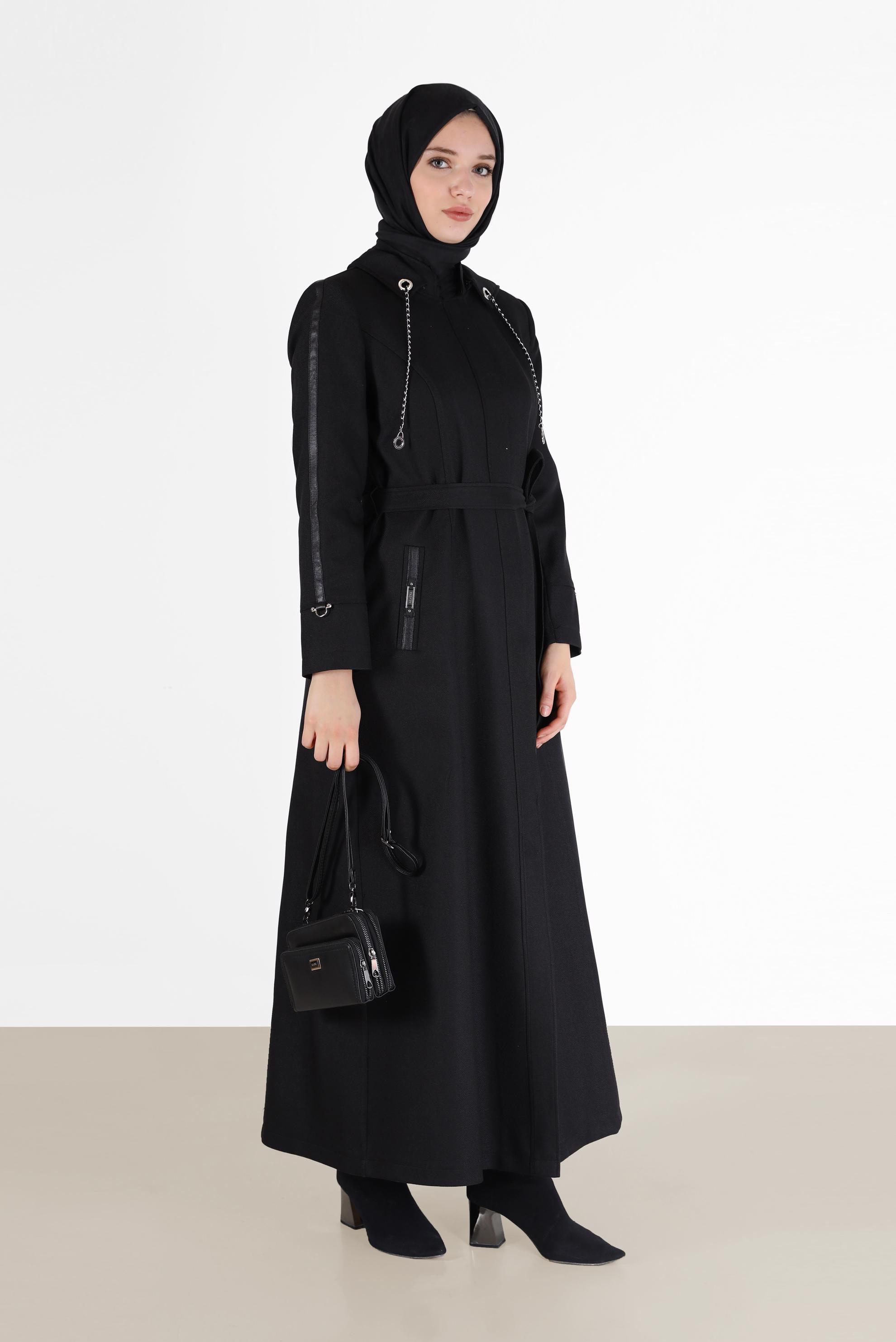 Tesettür giyim SİYAH BAĞCIK DETAYLI KAPÜŞONLU PARDESÜ 10482 
