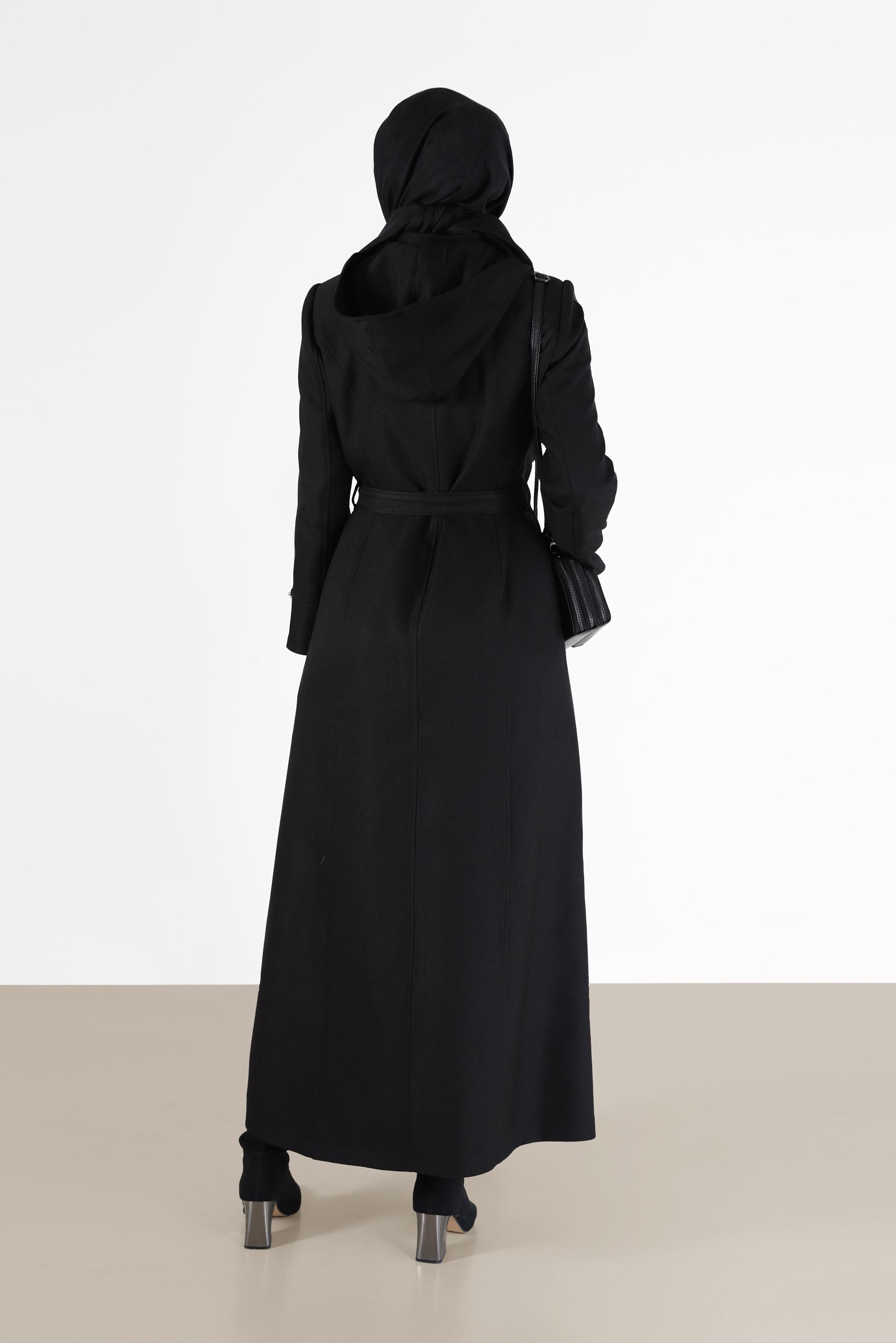 Tesettür giyim SİYAH BAĞCIK DETAYLI KAPÜŞONLU PARDESÜ 10482 