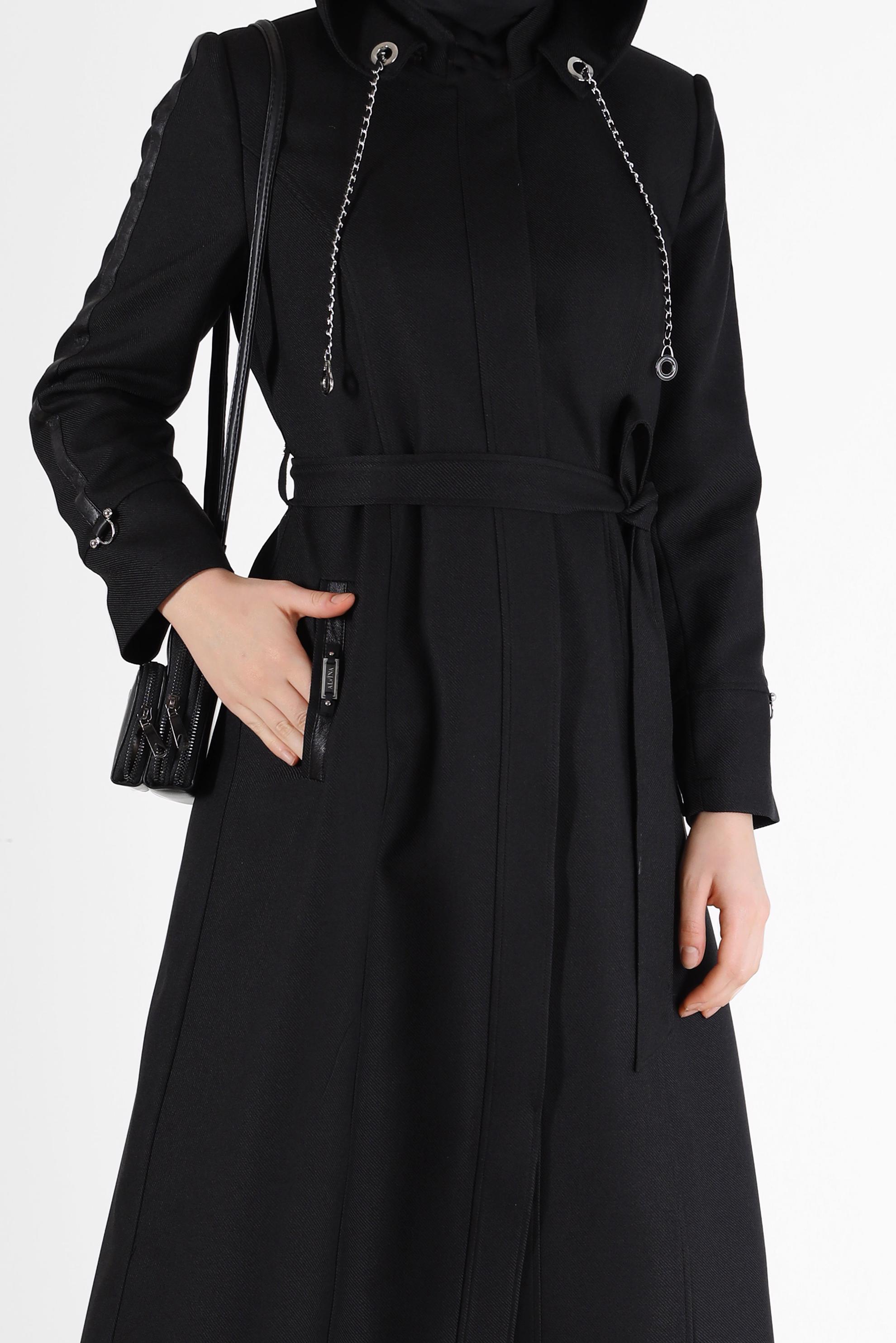 Tesettür giyim SİYAH BAĞCIK DETAYLI KAPÜŞONLU PARDESÜ 10482 