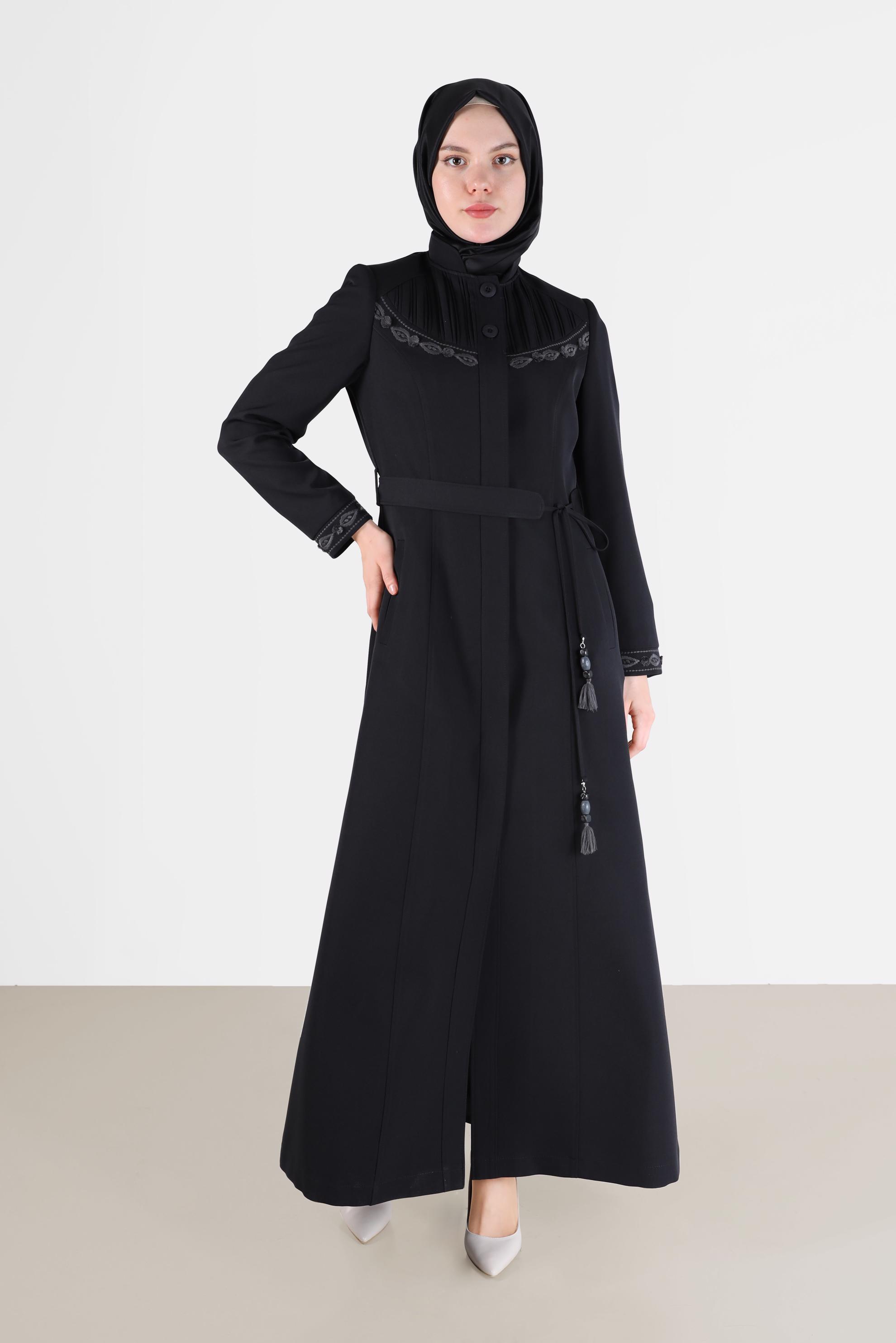 Hijab clothing BLACK EMBROIDERY DETAIL TOPCOAT 10487