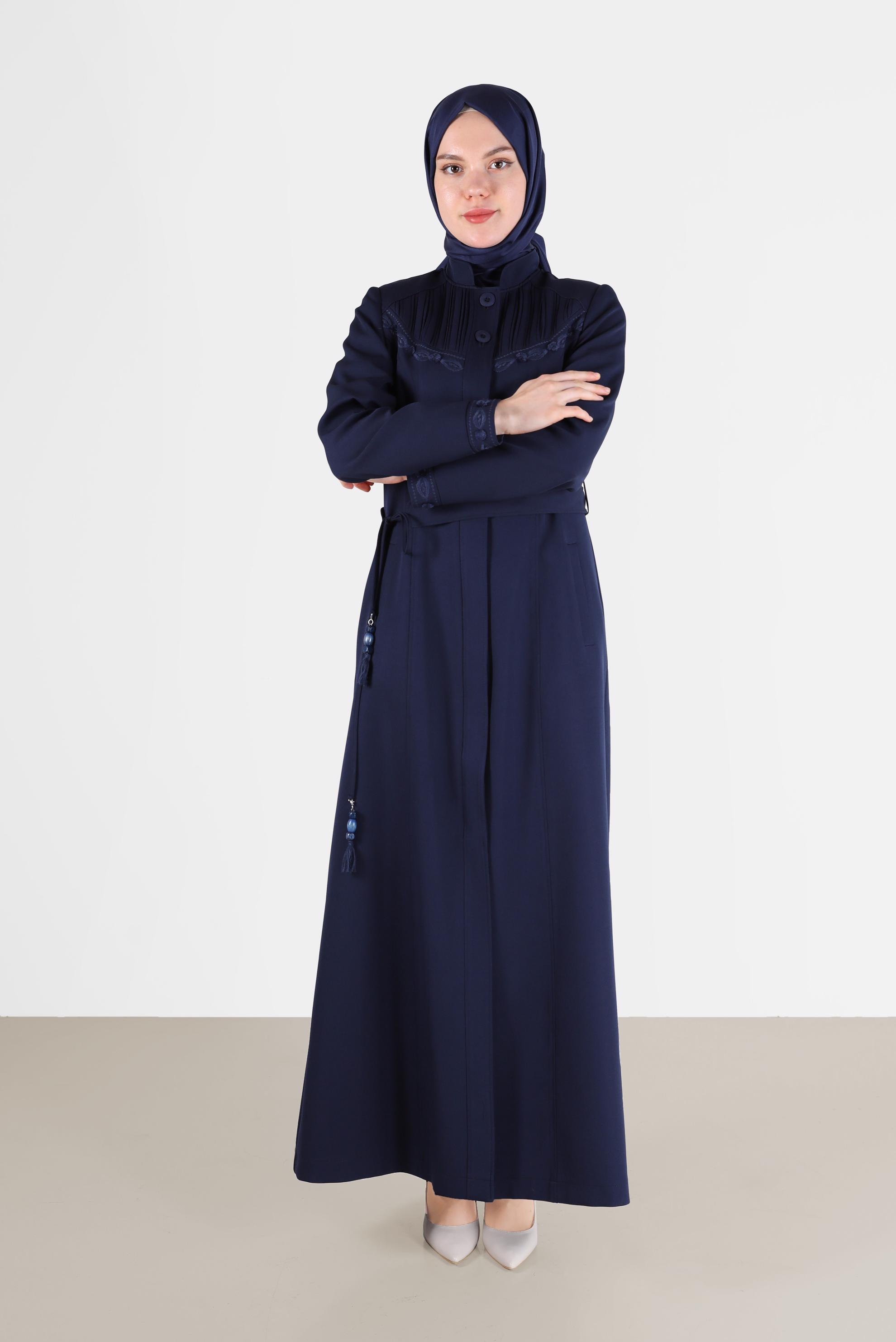 Hijab clothing NAVY BLUE EMBROIDERY DETAIL TOPCOAT 10487