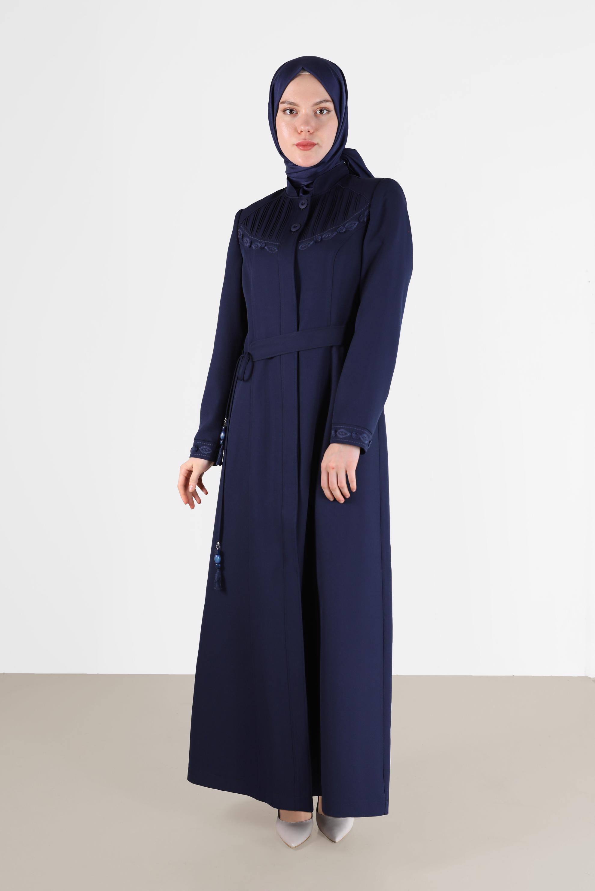 Hijab clothing NAVY BLUE EMBROIDERY DETAIL TOPCOAT 10487