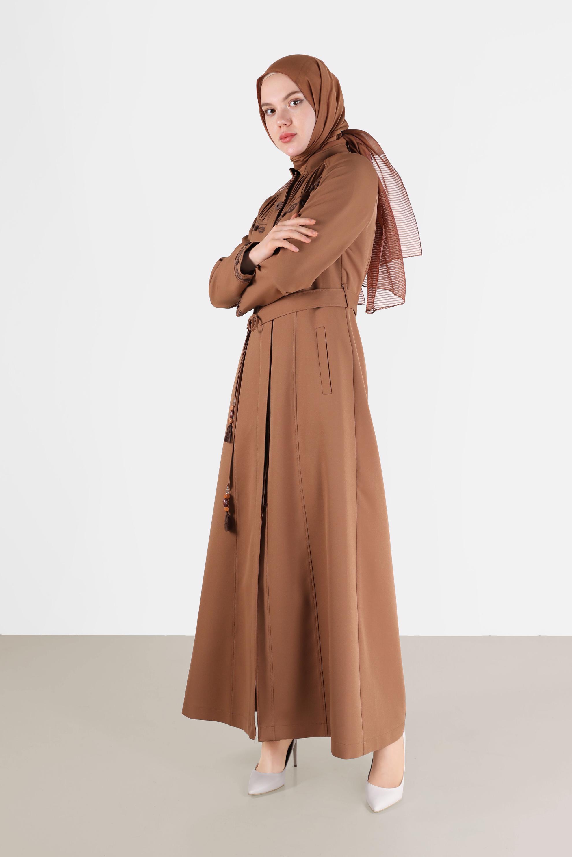 Hijab clothing BROWN EMBROIDERY DETAIL TOPCOAT 10487
