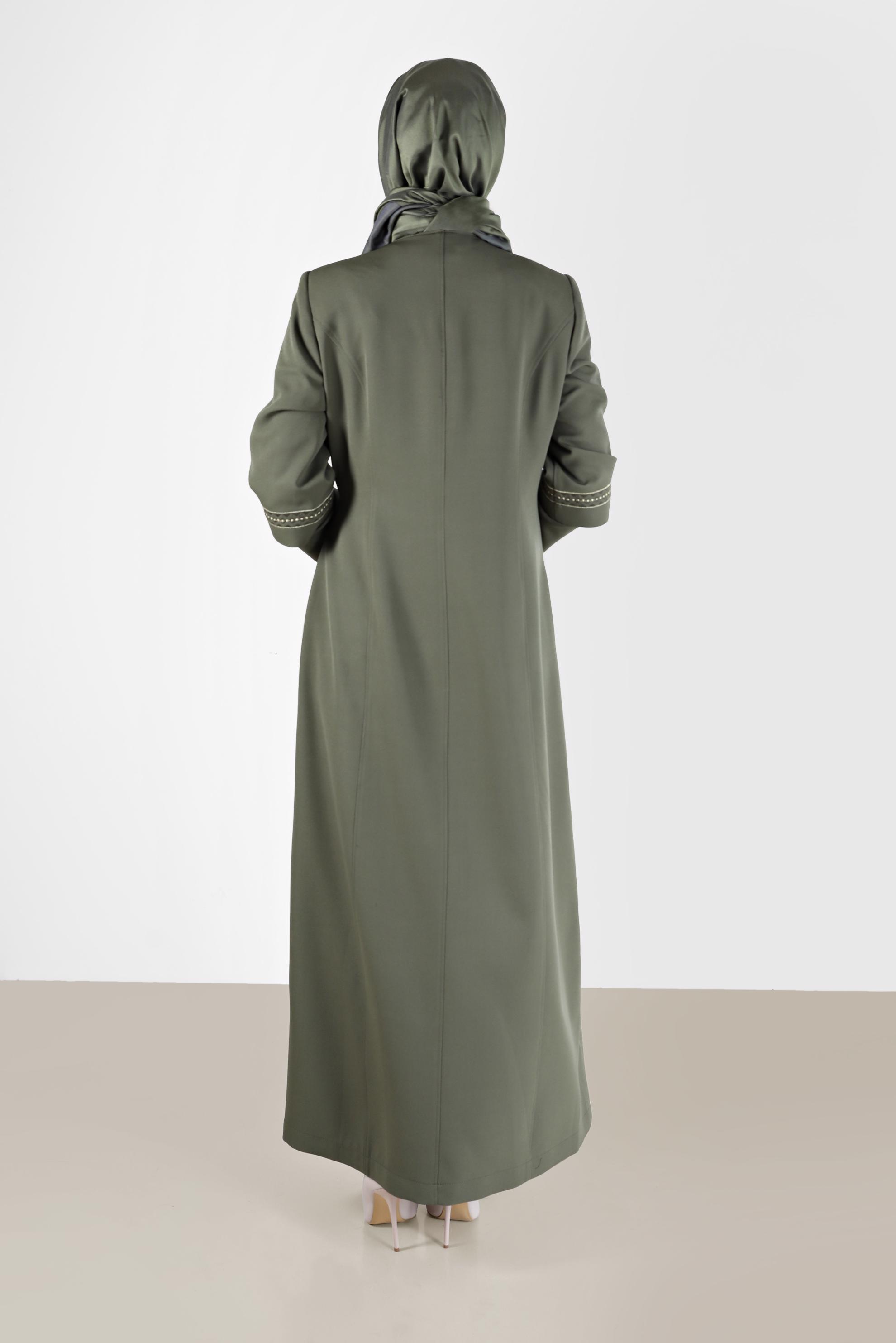 Tesettür giyim HAKİ ANVELOP KAPAMA DETAYLI NAKIŞLI PARDESÜ 10488 