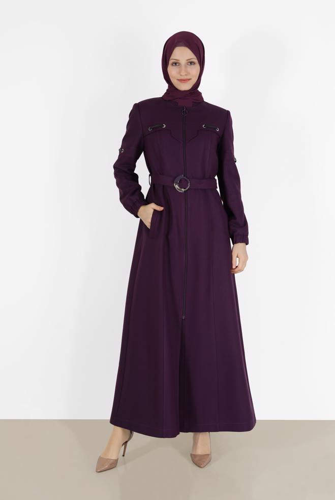 Tesettür giyim  MANŞETLERİ LASTİKLİ KEMERLİ FERMUARLI PARDESÜ 10489  - ALVİNA