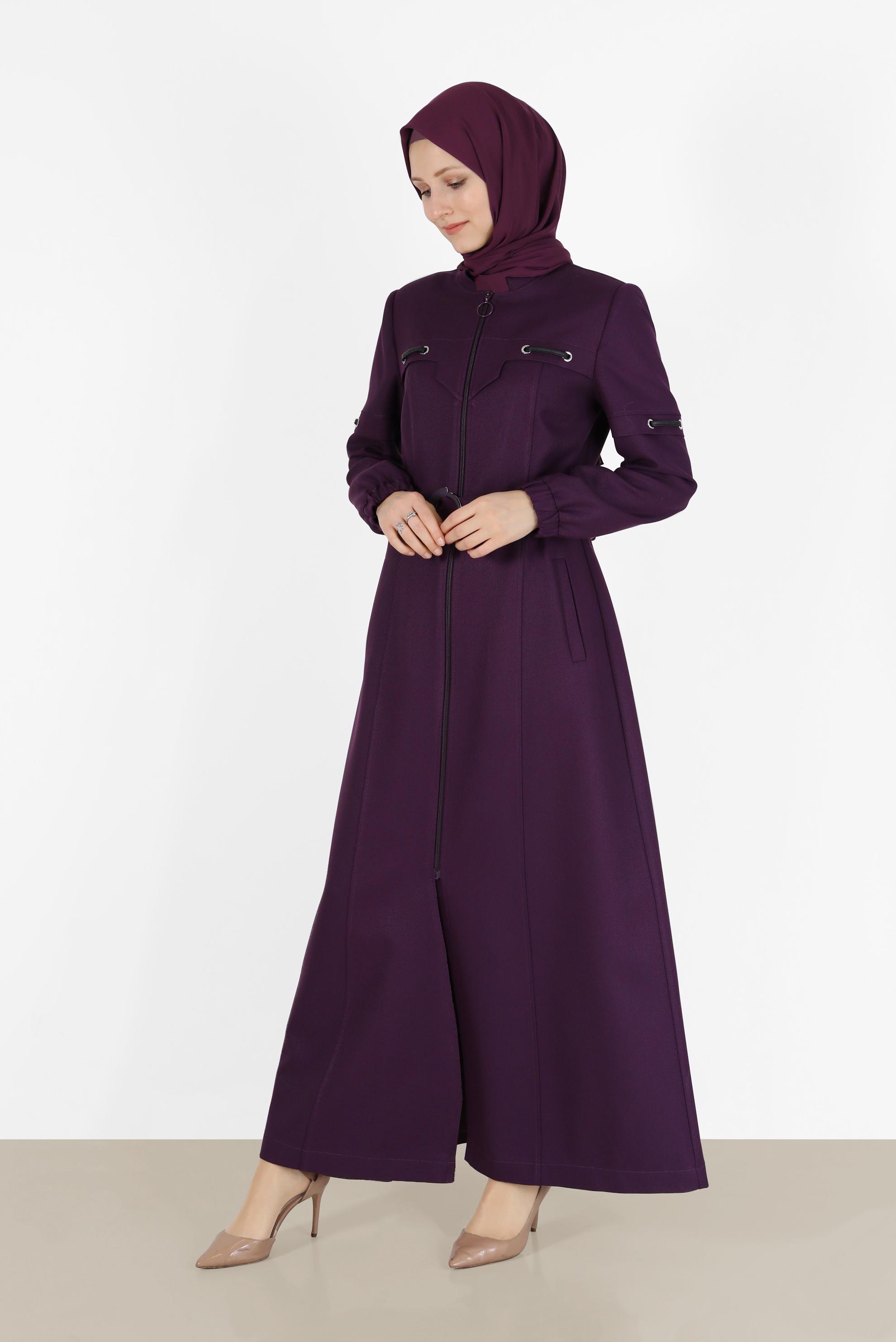 Tesettür giyim MOR MANŞETLERİ LASTİKLİ KEMERLİ FERMUARLI PARDESÜ 10489 