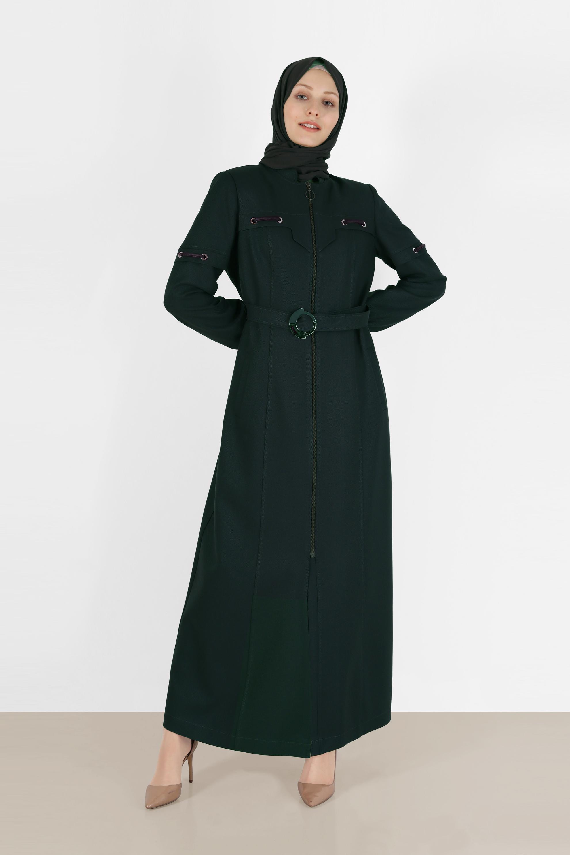 Tesettür giyim YEŞİL MANŞETLERİ LASTİKLİ KEMERLİ FERMUARLI PARDESÜ 10489 