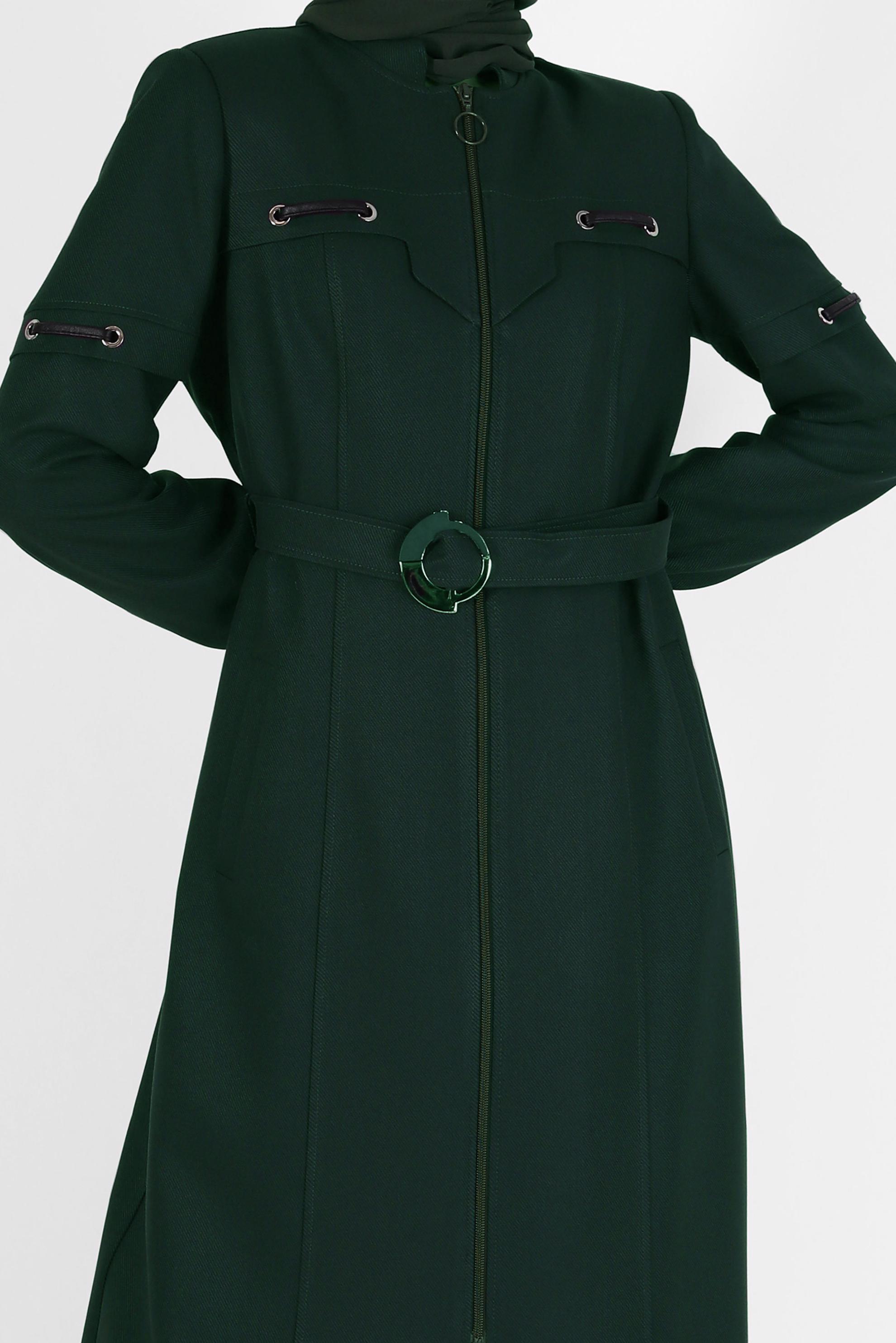 Tesettür giyim YEŞİL MANŞETLERİ LASTİKLİ KEMERLİ FERMUARLI PARDESÜ 10489 