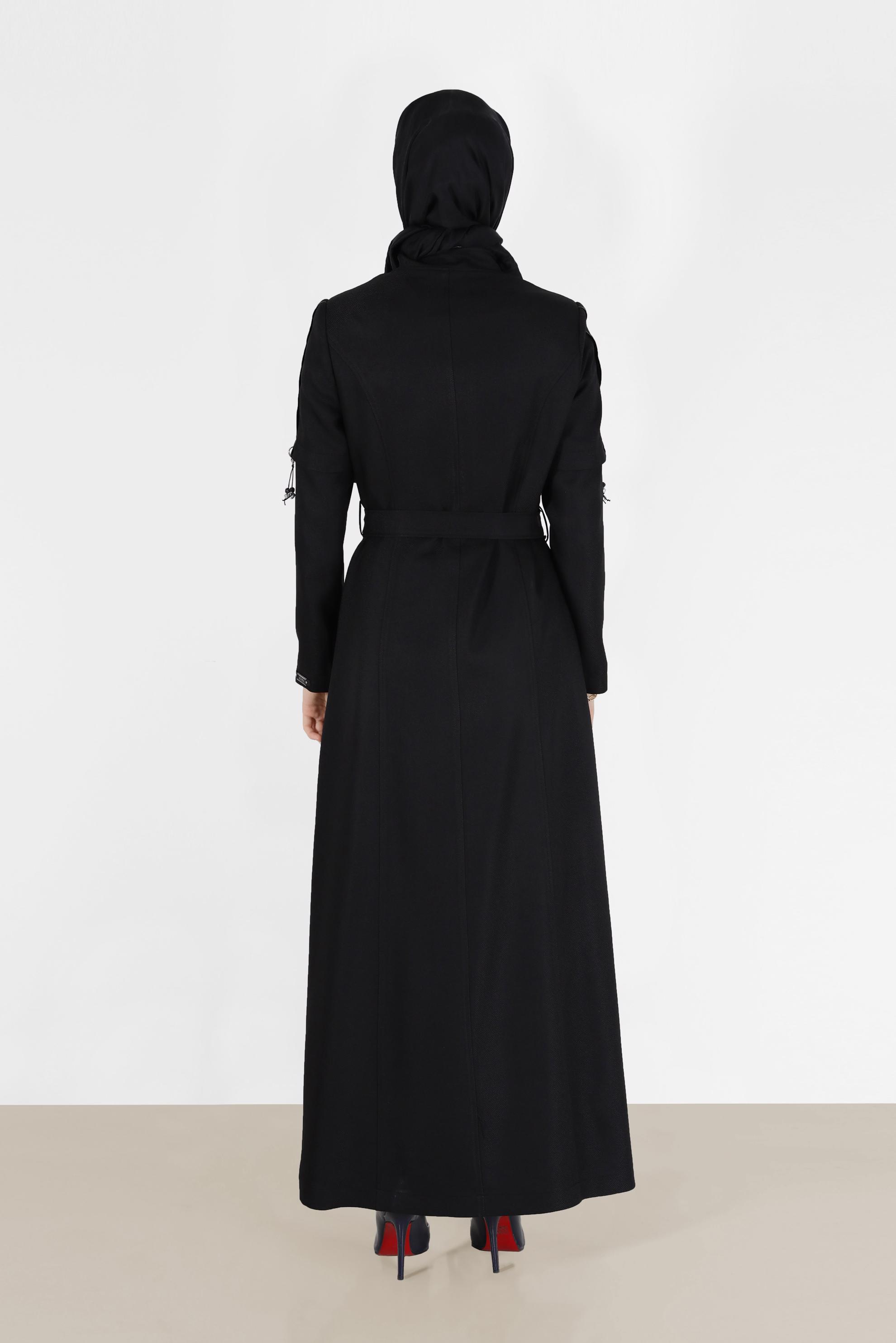 Tesettür giyim SİYAH KUŞGÖZÜ DETAYLI KUŞAKLI PARDESÜ 10490 