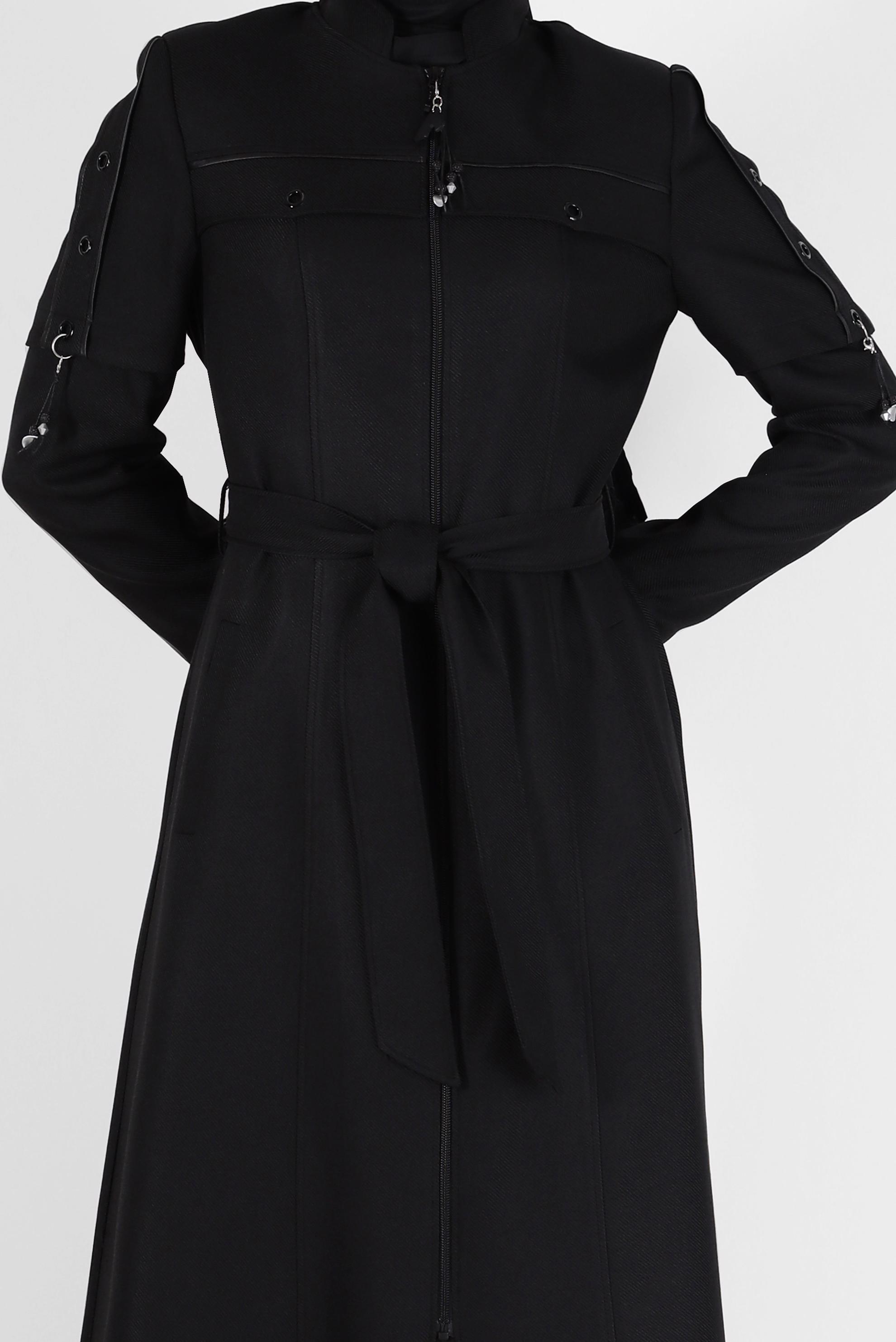 Tesettür giyim SİYAH KUŞGÖZÜ DETAYLI KUŞAKLI PARDESÜ 10490 