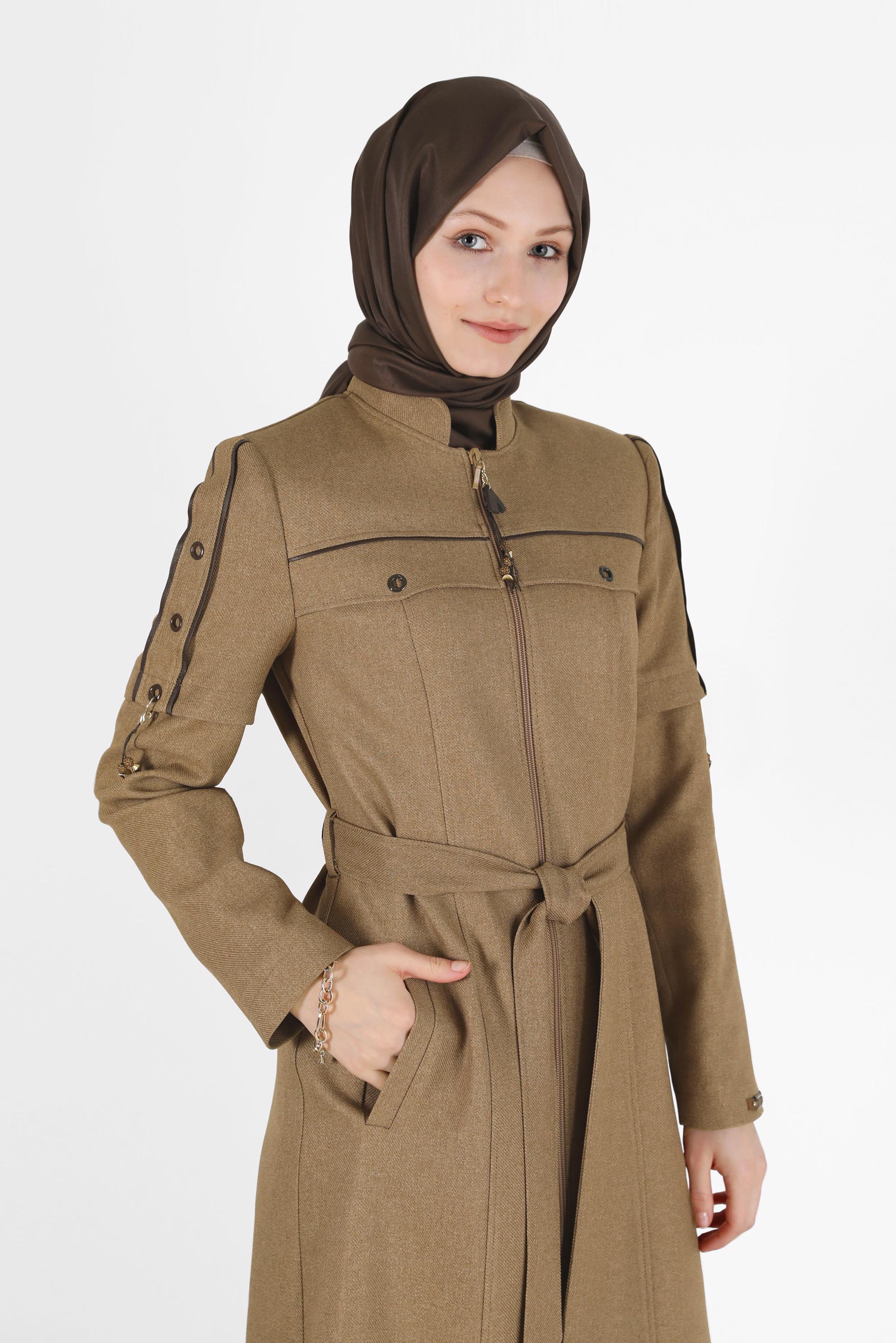 Tesettür giyim KAHVE KUŞGÖZÜ DETAYLI KUŞAKLI PARDESÜ 10490 