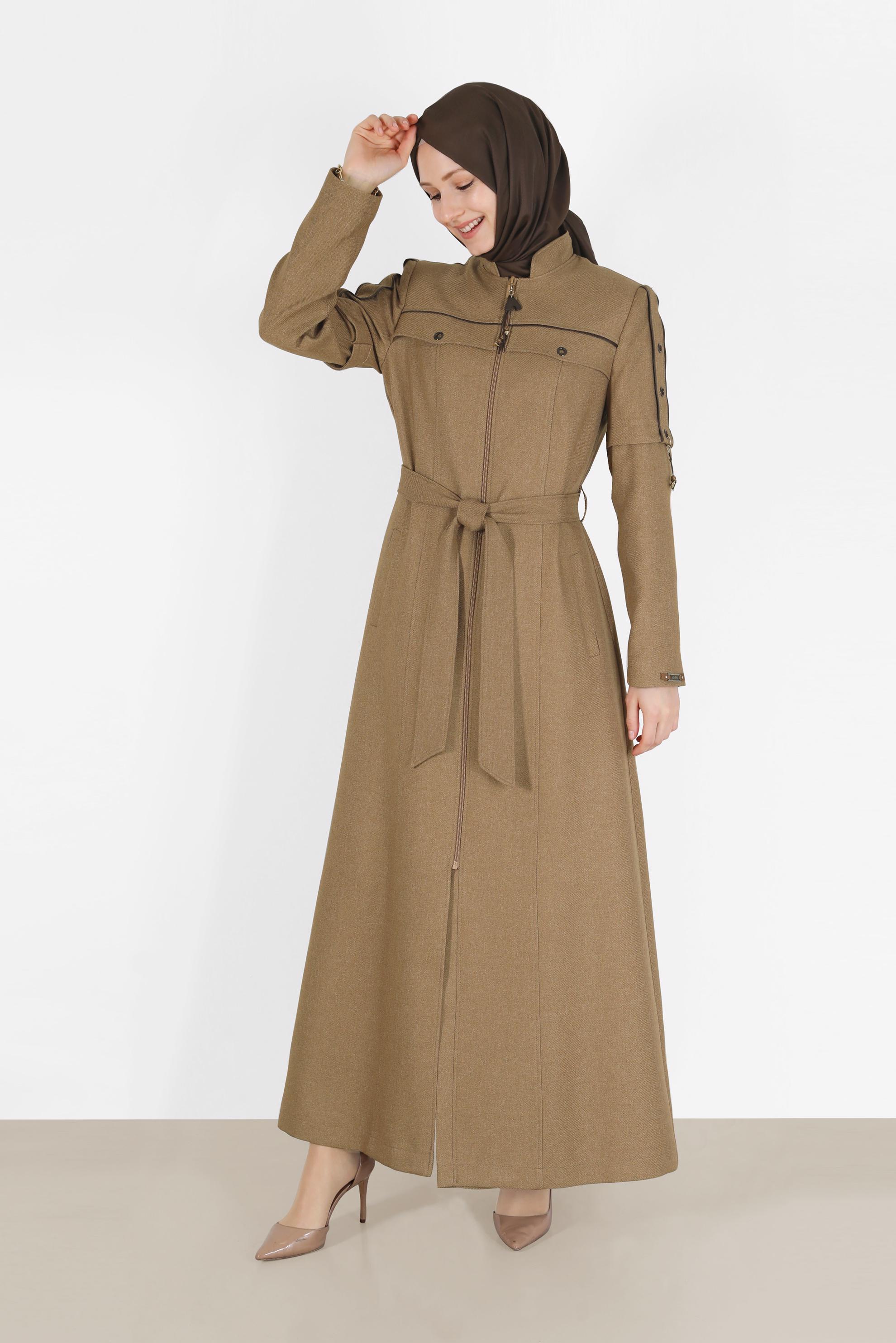 Tesettür giyim KAHVE KUŞGÖZÜ DETAYLI KUŞAKLI PARDESÜ 10490 