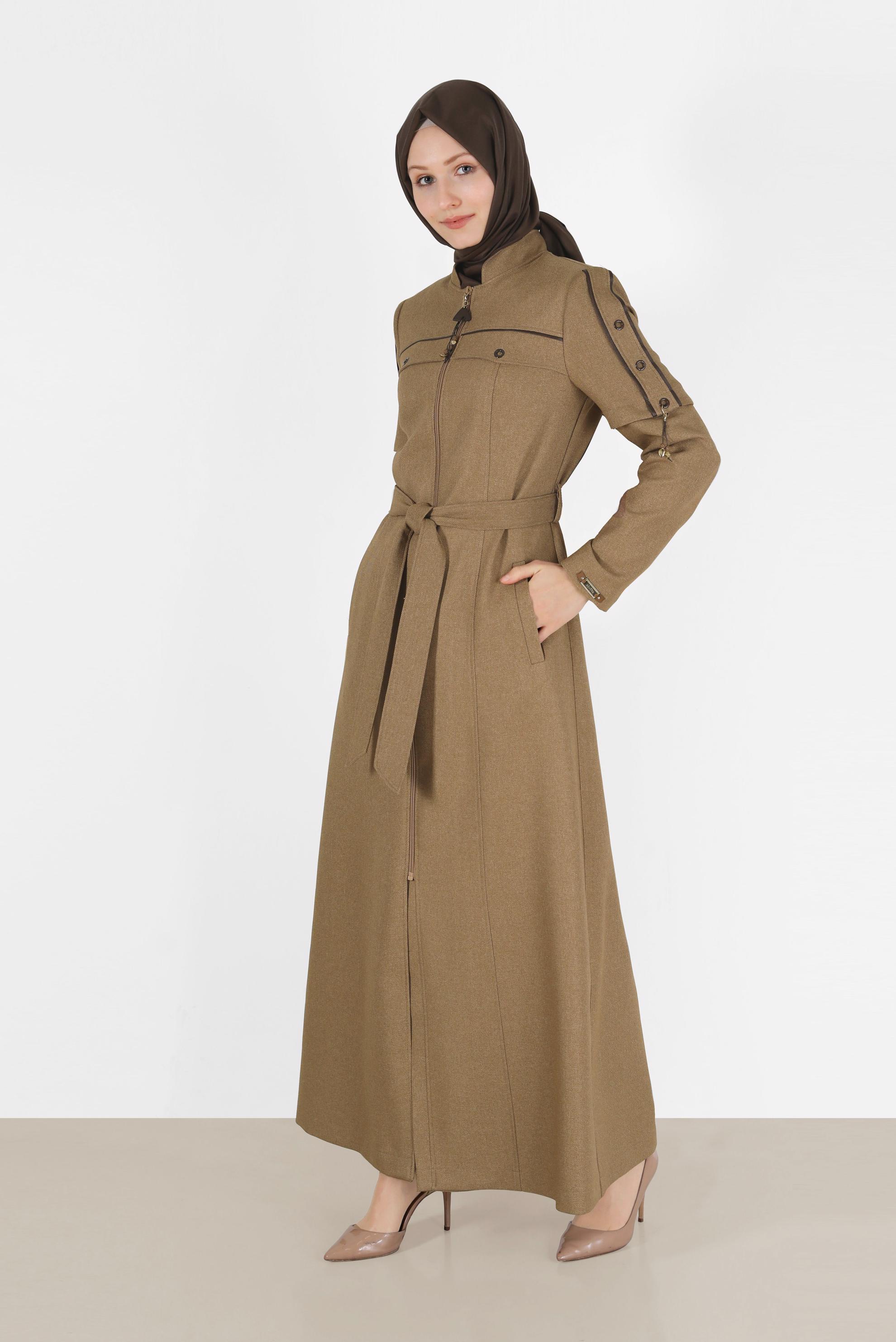 Tesettür giyim KAHVE KUŞGÖZÜ DETAYLI KUŞAKLI PARDESÜ 10490 