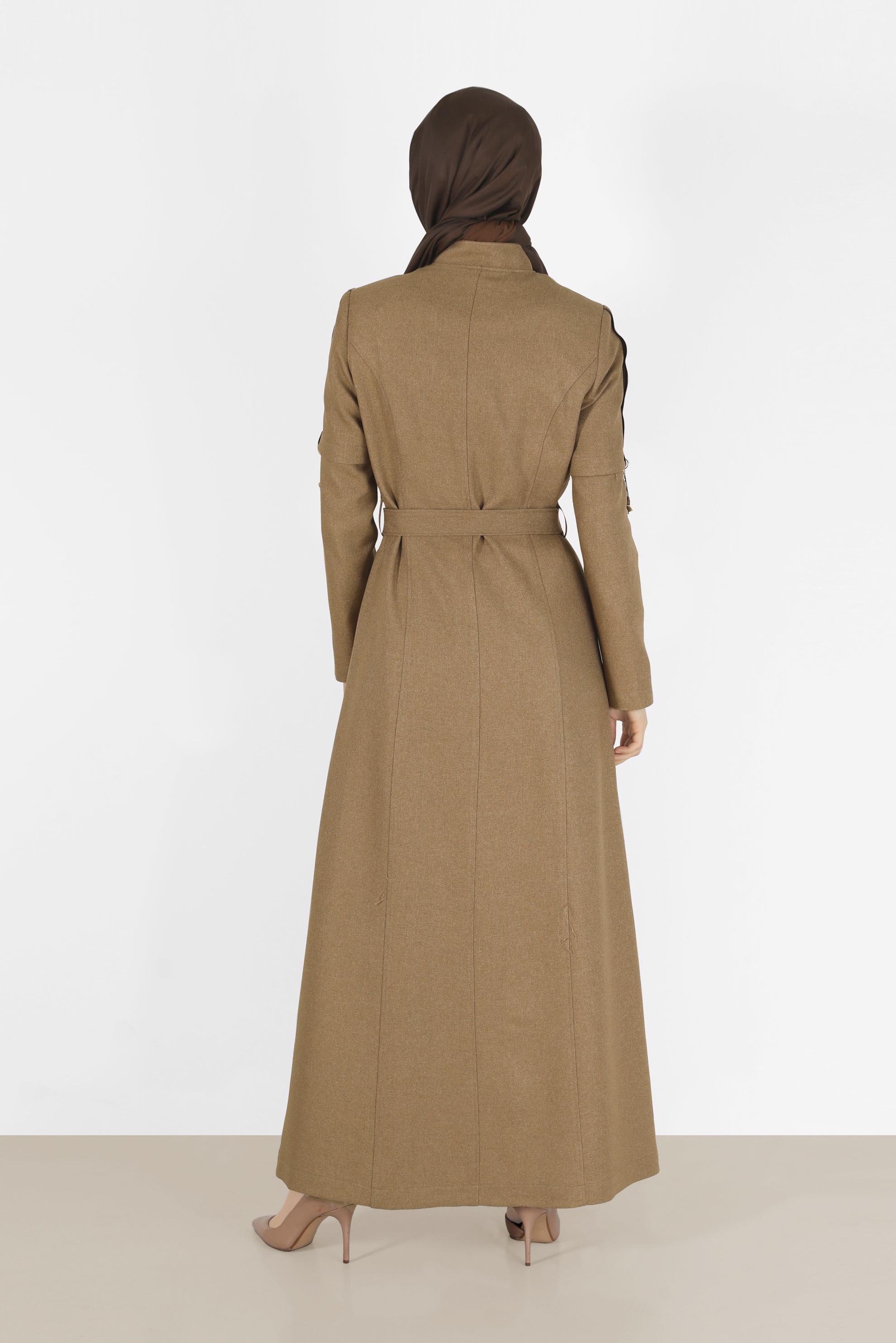 Tesettür giyim KAHVE KUŞGÖZÜ DETAYLI KUŞAKLI PARDESÜ 10490 