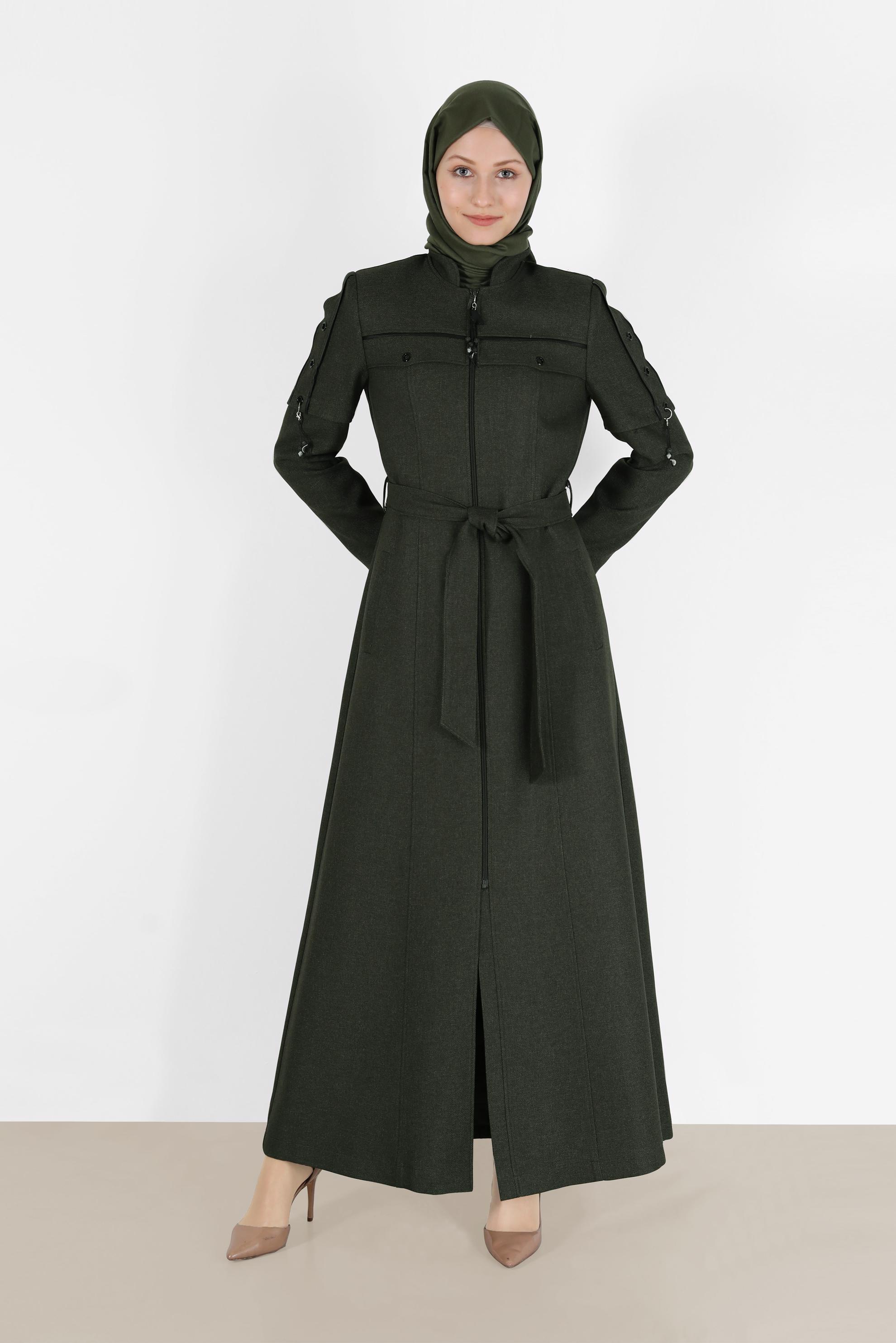 Tesettür giyim HAKİ KUŞGÖZÜ DETAYLI KUŞAKLI PARDESÜ 10490 