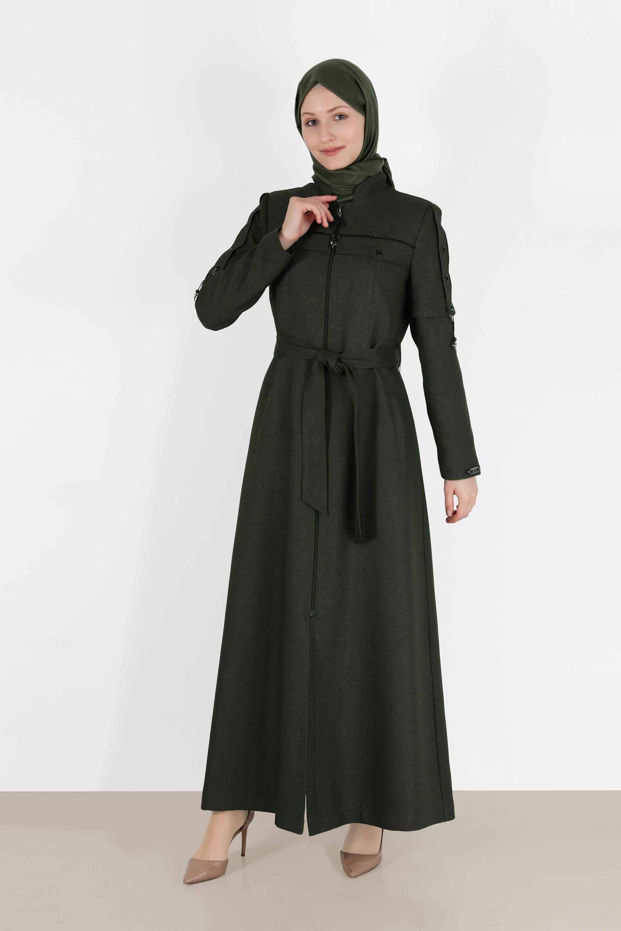 Tesettür giyim HAKİ KUŞGÖZÜ DETAYLI KUŞAKLI PARDESÜ 10490 