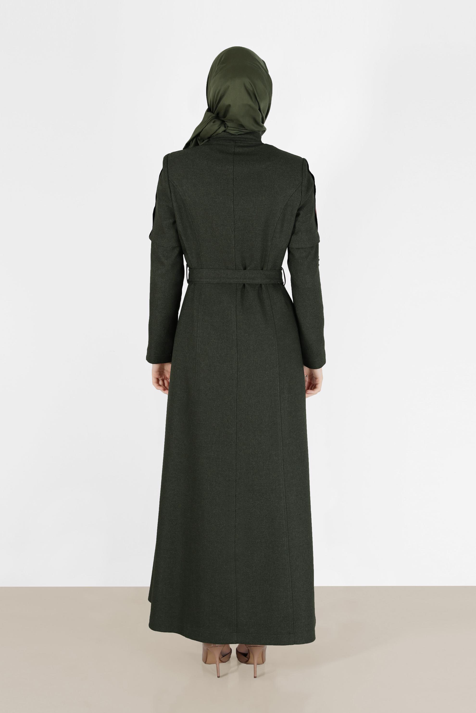 Tesettür giyim HAKİ KUŞGÖZÜ DETAYLI KUŞAKLI PARDESÜ 10490 