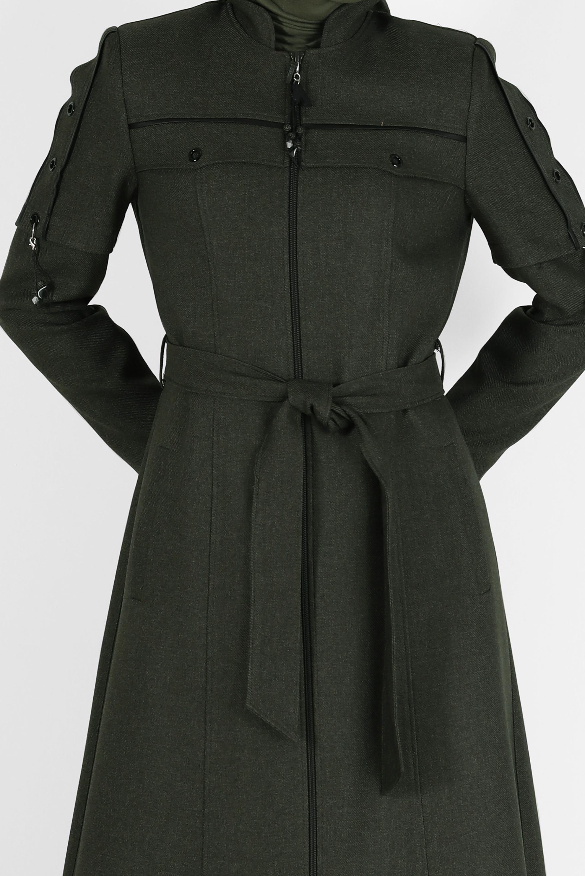 Tesettür giyim HAKİ KUŞGÖZÜ DETAYLI KUŞAKLI PARDESÜ 10490 