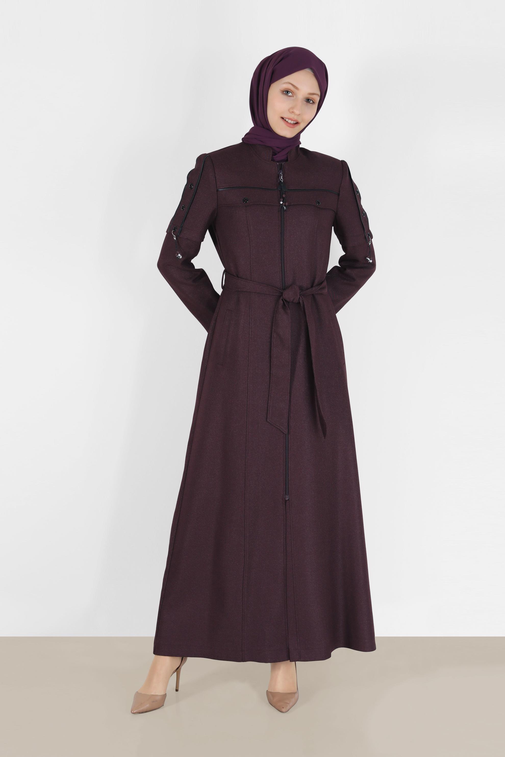 Tesettür giyim MÜRDÜM KUŞGÖZÜ DETAYLI KUŞAKLI PARDESÜ 10490 