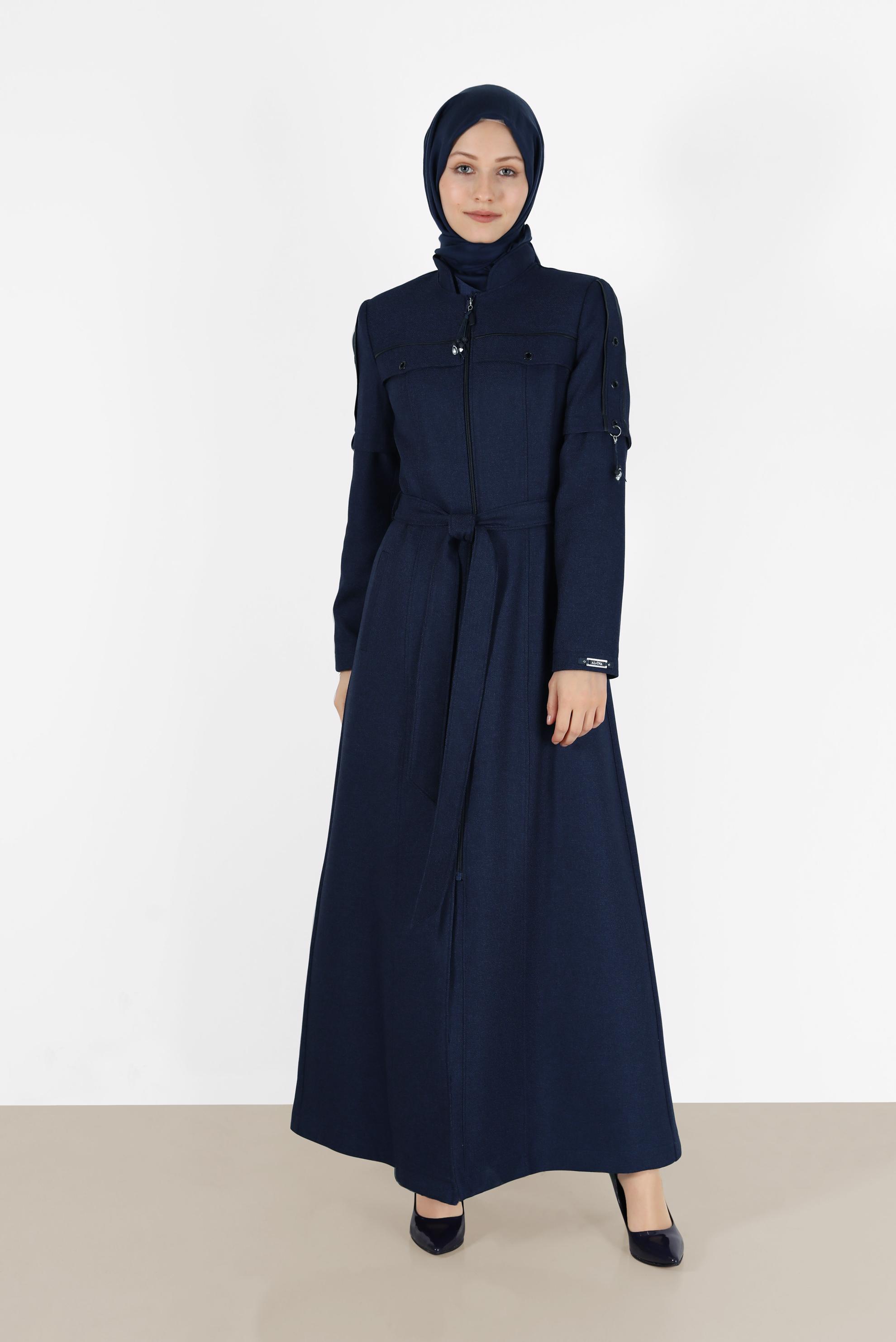 Tesettür giyim LACİVERT KUŞGÖZÜ DETAYLI KUŞAKLI PARDESÜ 10490 