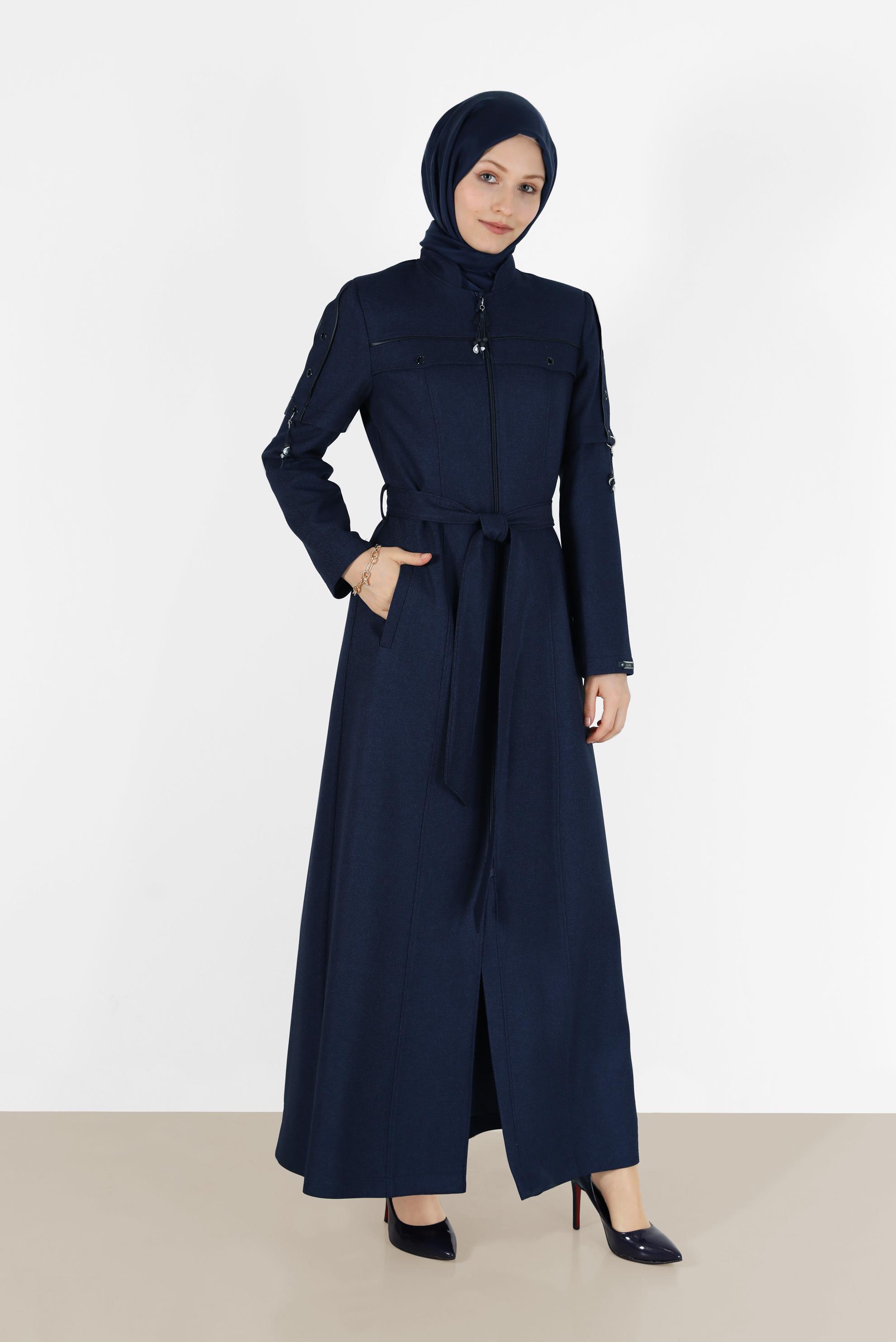 Tesettür giyim LACİVERT KUŞGÖZÜ DETAYLI KUŞAKLI PARDESÜ 10490 