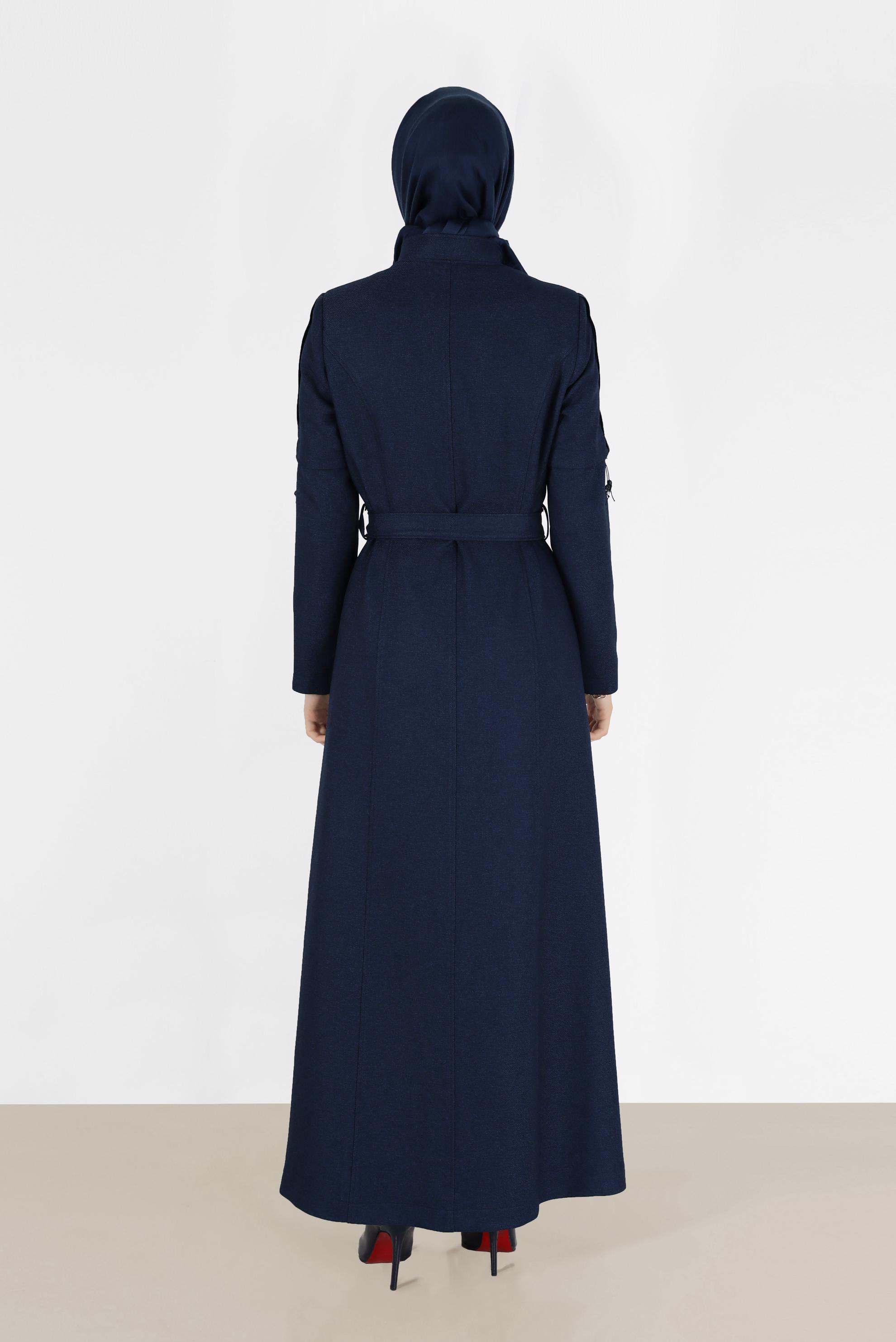 Tesettür giyim LACİVERT KUŞGÖZÜ DETAYLI KUŞAKLI PARDESÜ 10490 