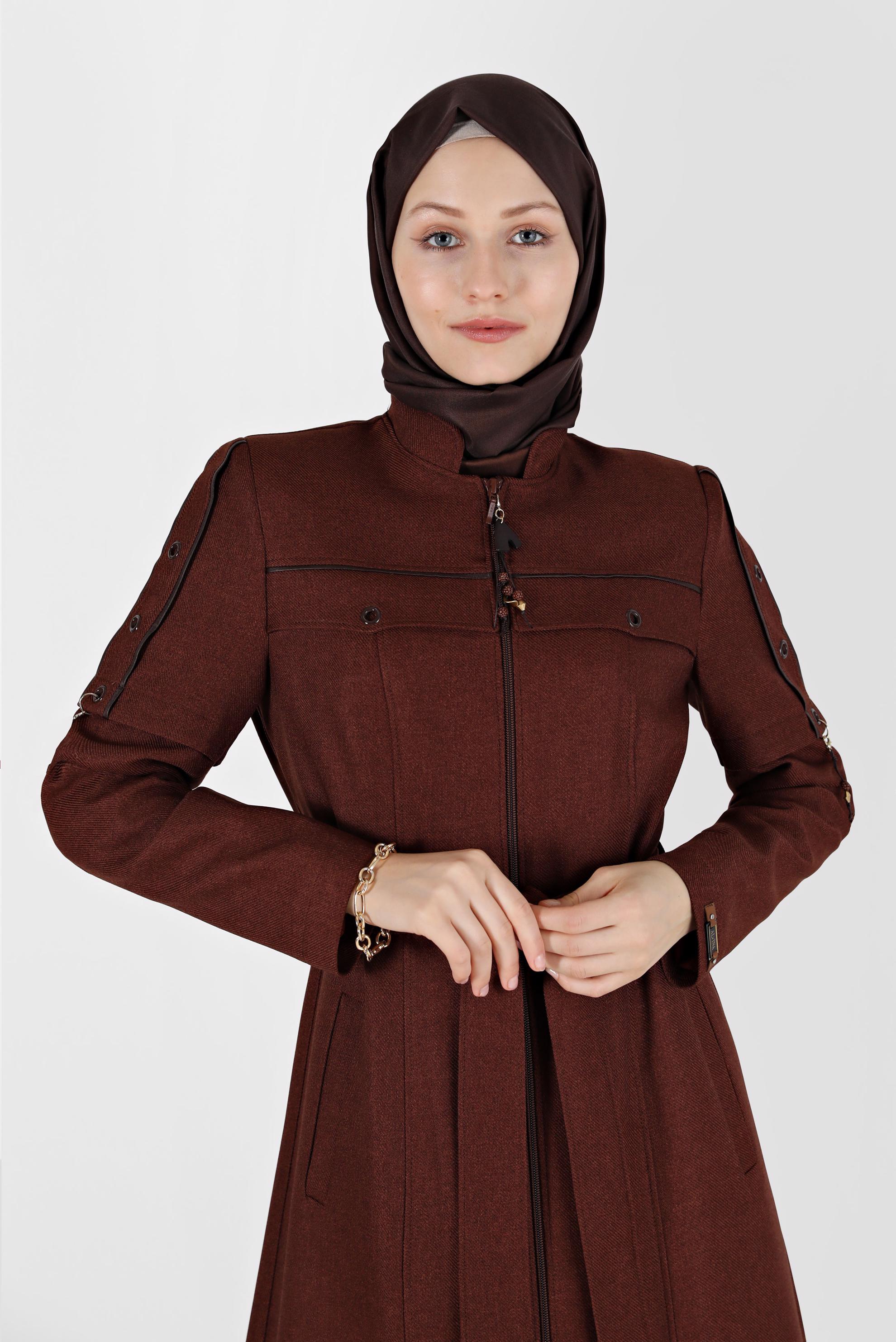 Tesettür giyim KAHVE KUŞGÖZÜ DETAYLI KUŞAKLI PARDESÜ 10490 