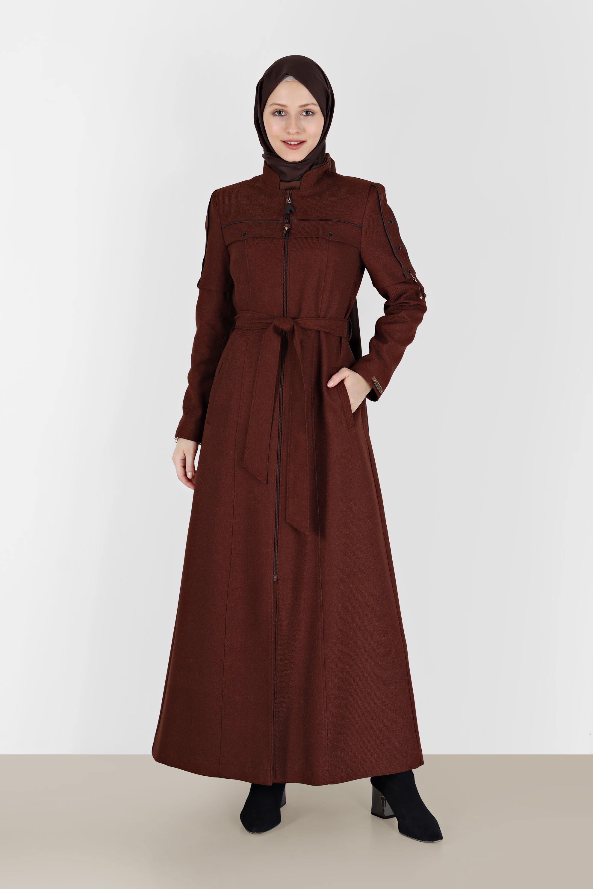 Tesettür giyim KAHVE KUŞGÖZÜ DETAYLI KUŞAKLI PARDESÜ 10490 