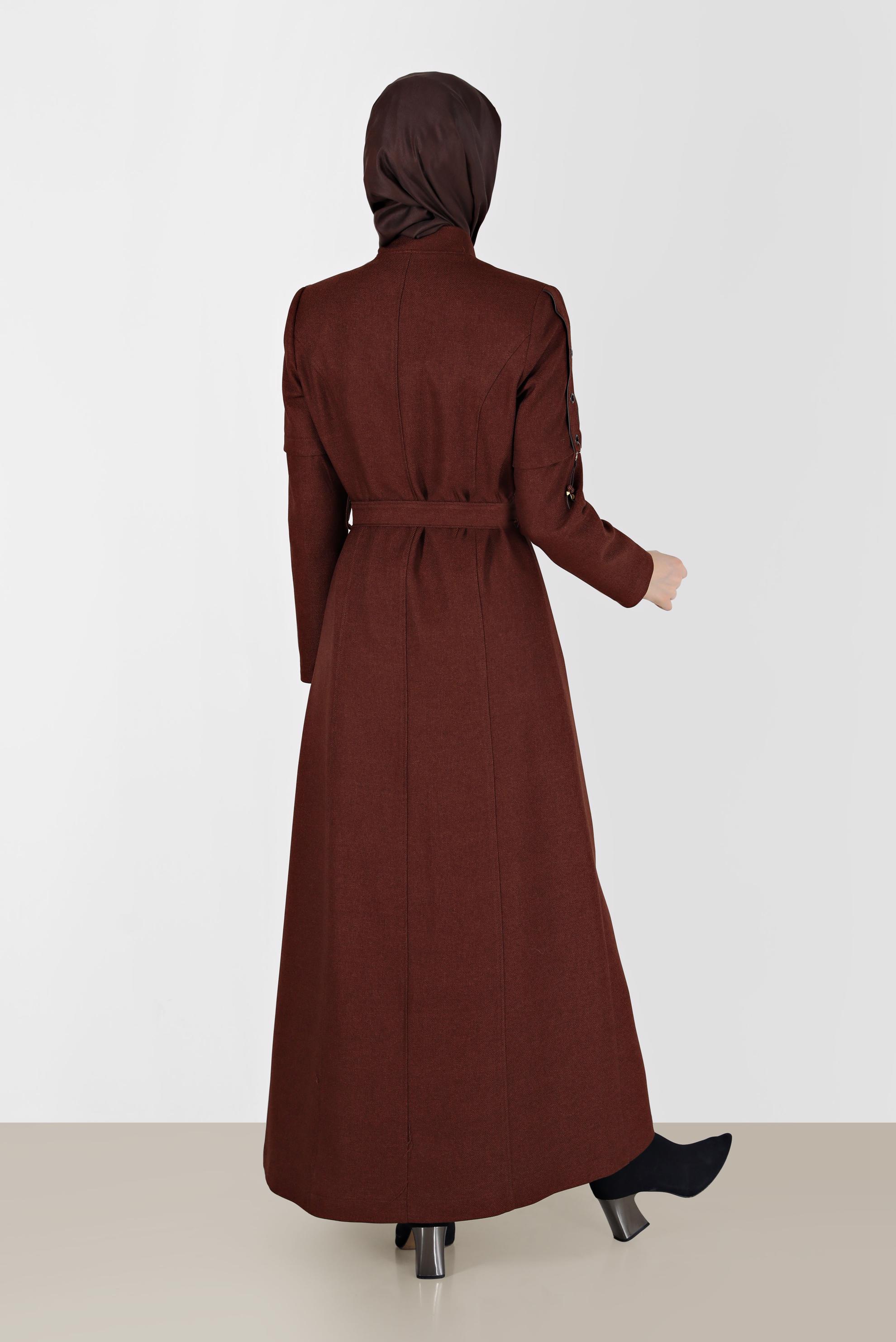 Tesettür giyim KAHVE KUŞGÖZÜ DETAYLI KUŞAKLI PARDESÜ 10490 