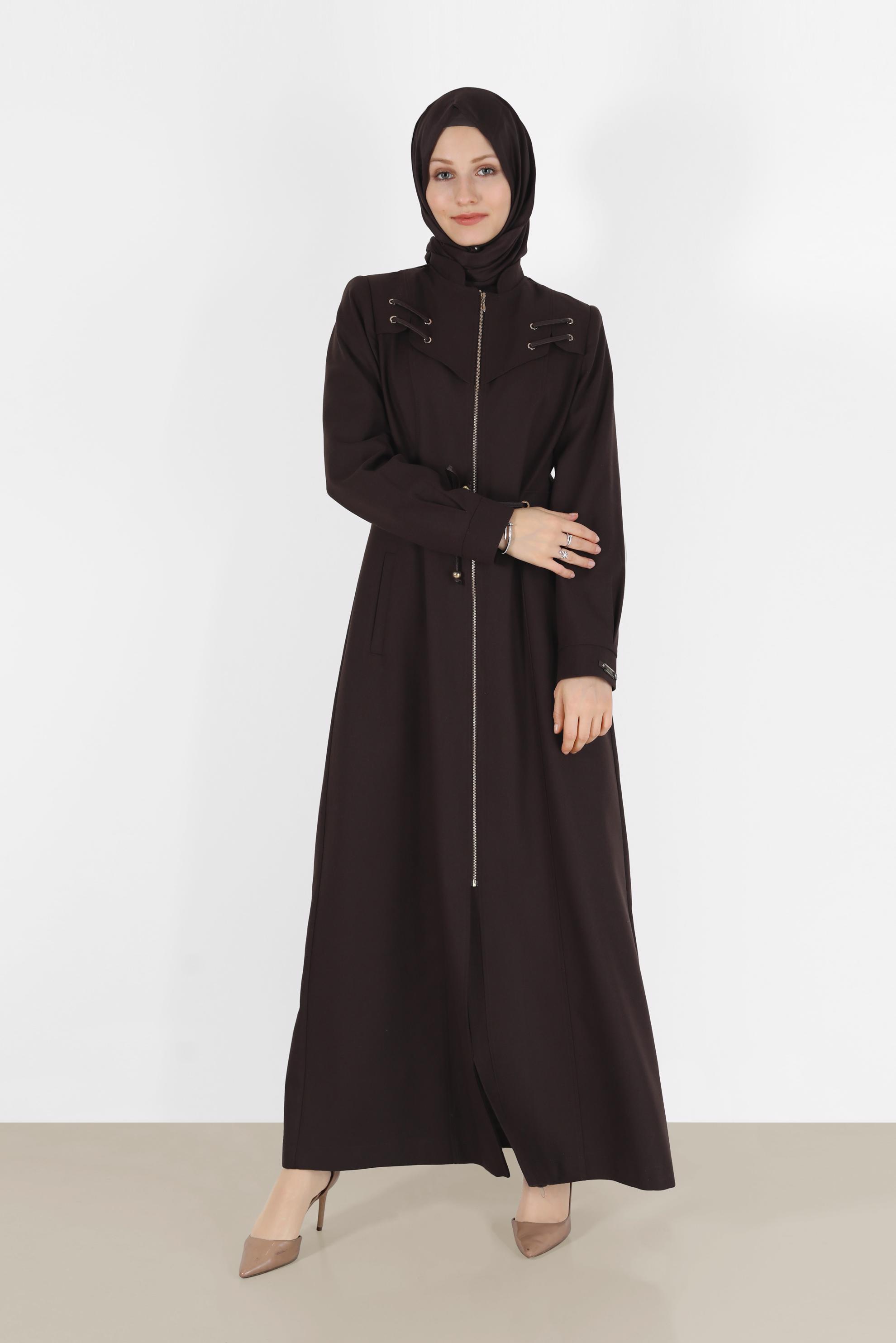 Tesettür giyim KAHVE KUŞGÖZÜ DETAYLI BELDEN BAĞLAMALI FERMUARLI PARDESÜ 10491 