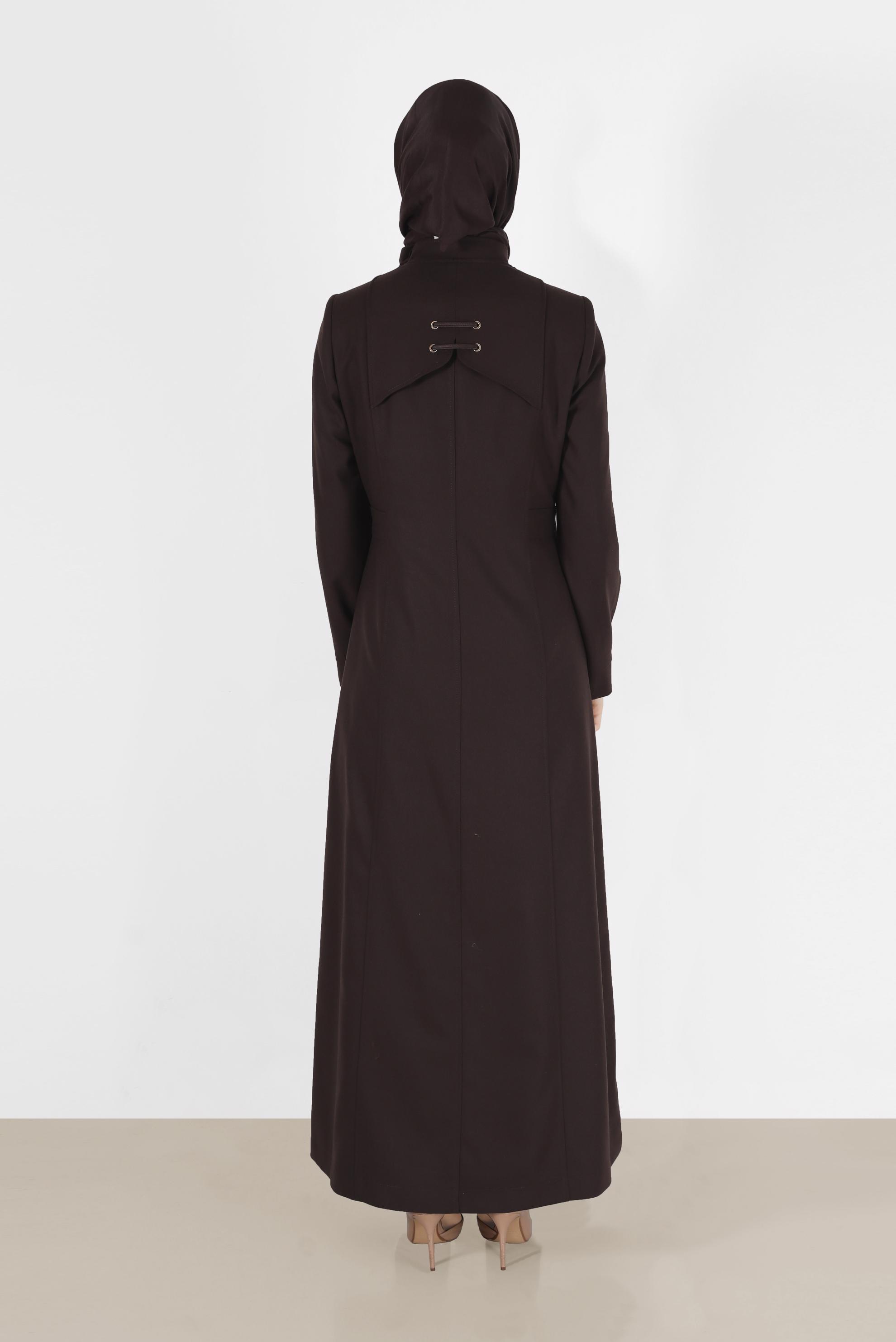 Tesettür giyim KAHVE KUŞGÖZÜ DETAYLI BELDEN BAĞLAMALI FERMUARLI PARDESÜ 10491 