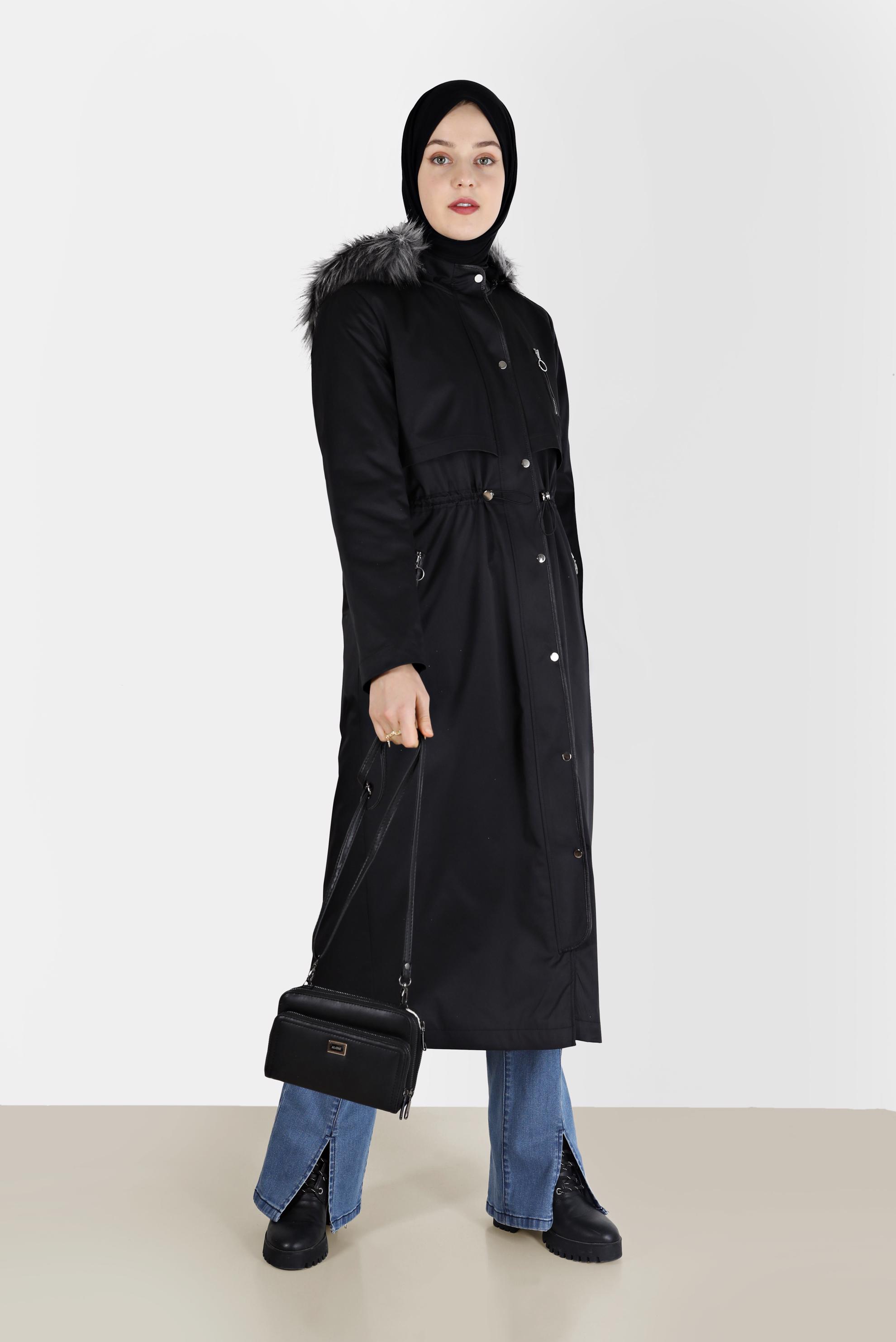 Vêtements hijab NOIR PARKA À CAPUCHE FOURRURE DÉTAILS FRONÇÉS 90200