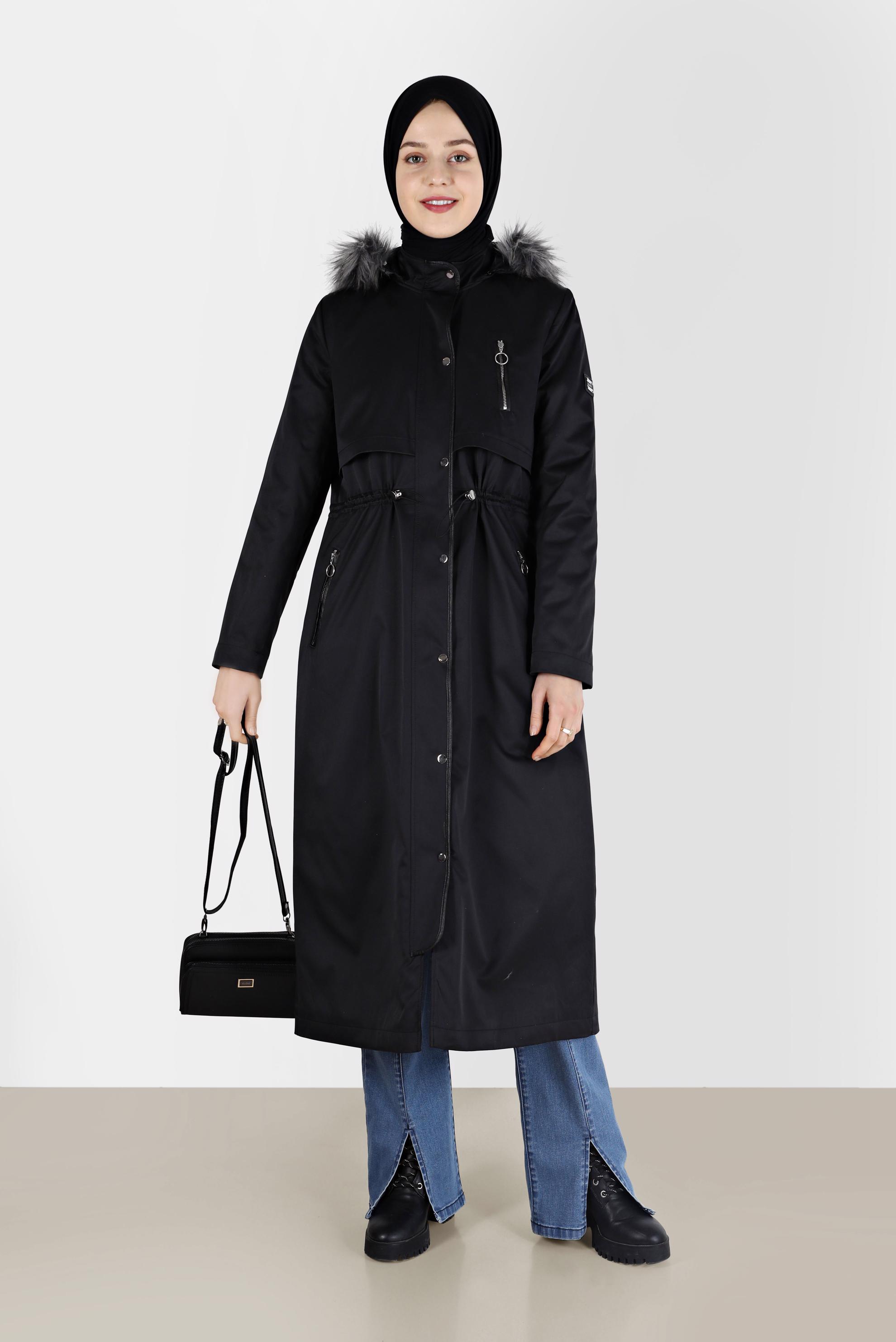 Vêtements hijab NOIR PARKA À CAPUCHE FOURRURE DÉTAILS FRONÇÉS 90200