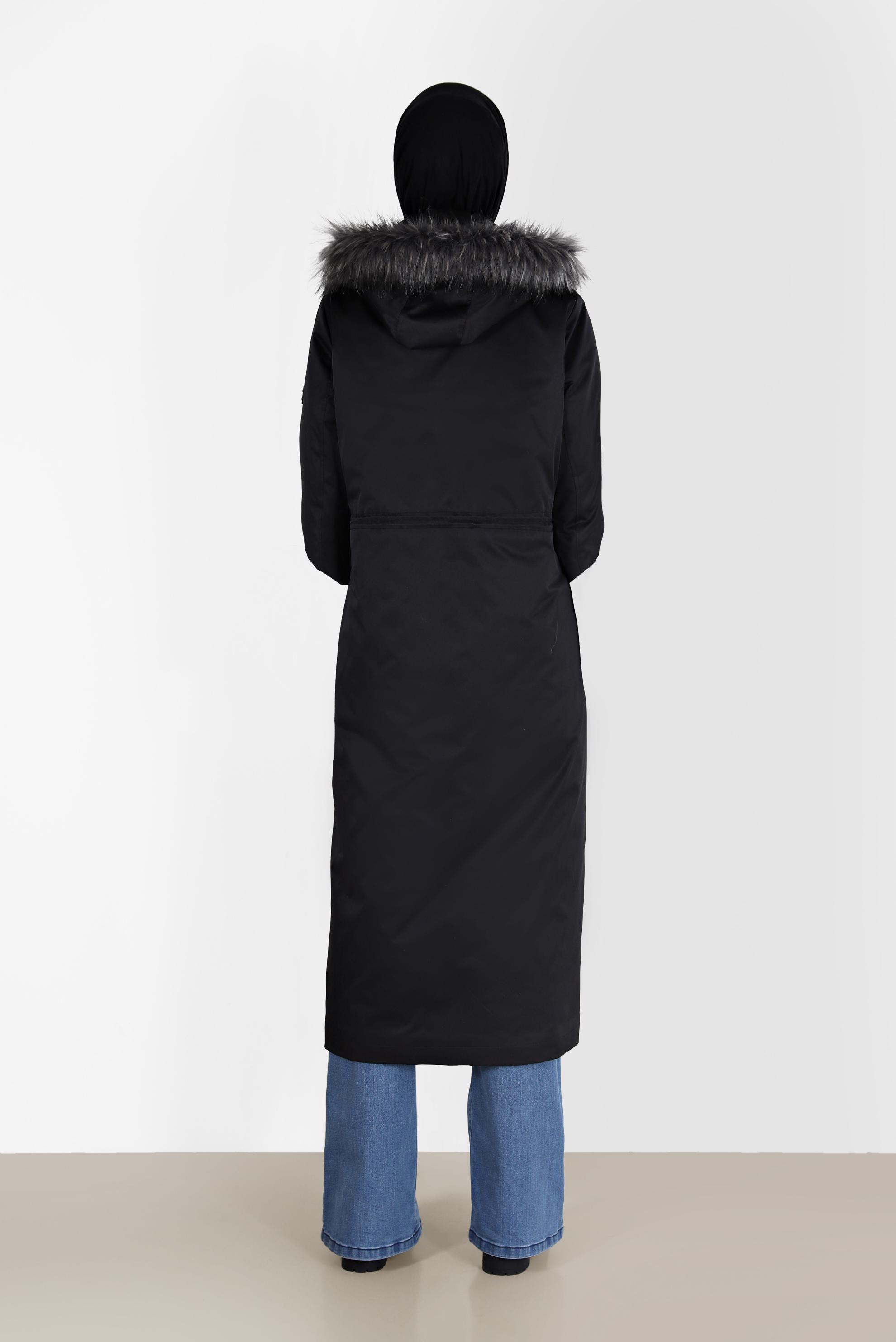 Vêtements hijab NOIR PARKA À CAPUCHE FOURRURE DÉTAILS FRONÇÉS 90200