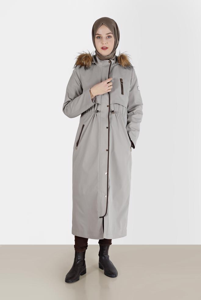 Hijab clothing BEIGE GATHERED DETAIL FURRY HOODED PARKA 90200  - ALVİNA